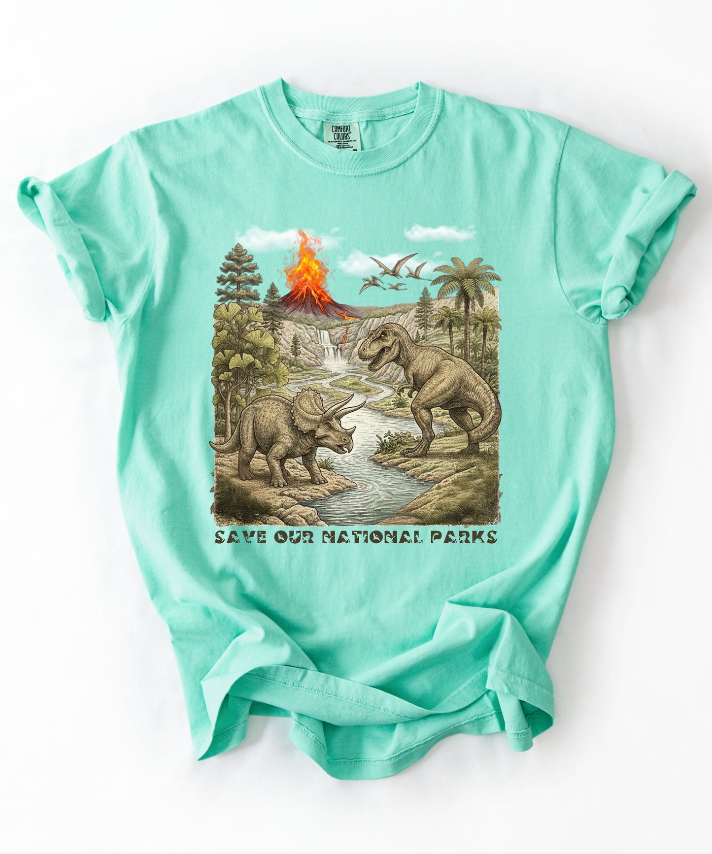 Save Our National Parks shirt in Island Reef— vintage dinosaur graphic tee for nature lovers