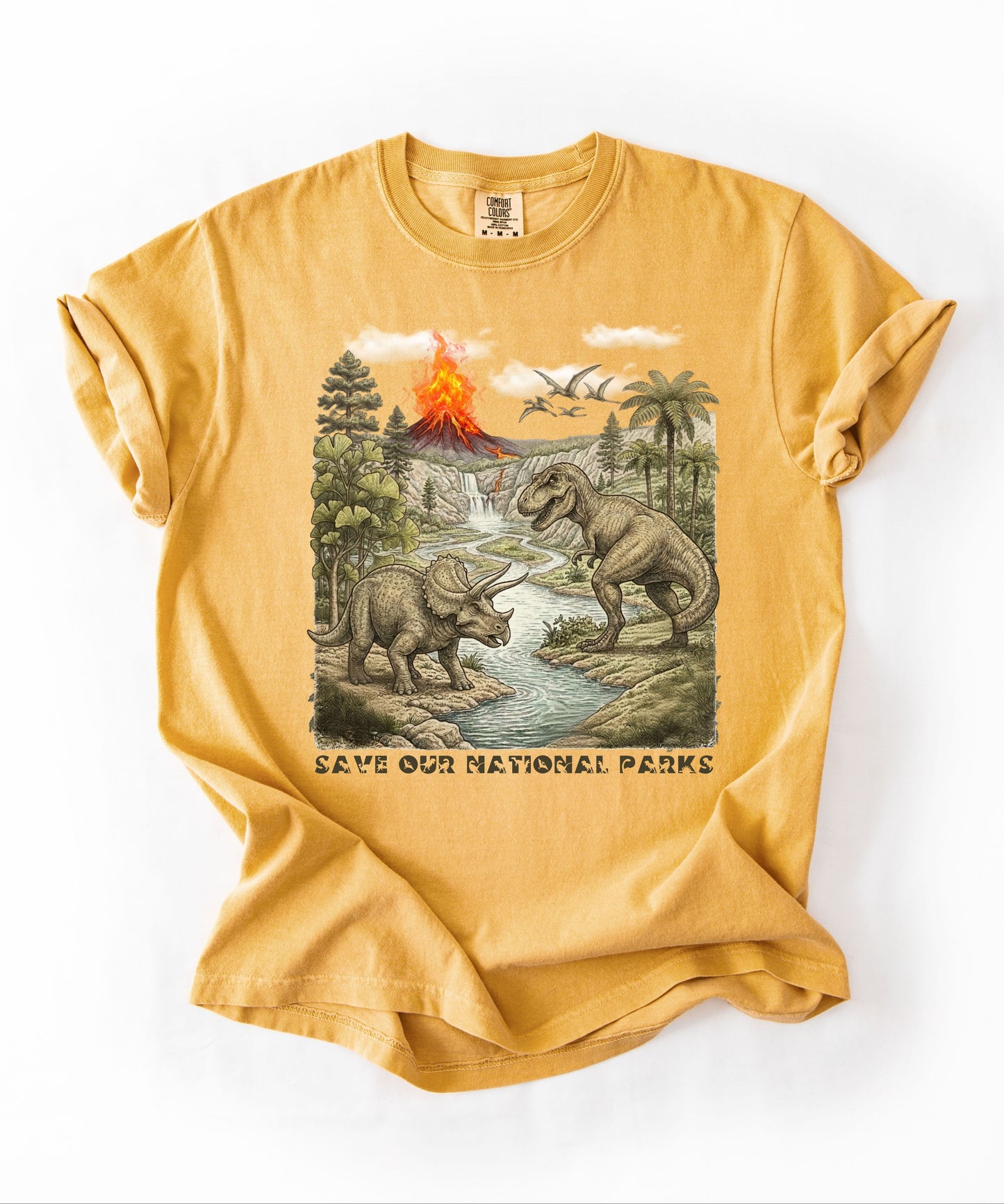 Save Our National Parks shirt in Mustard — vintage dinosaur graphic tee for nature lovers