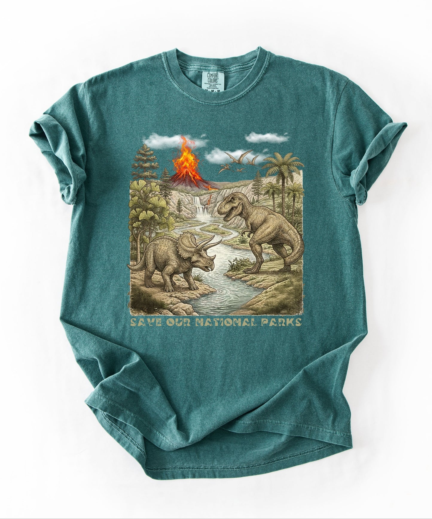Save Our National Parks shirt in Blue Spruce — vintage dinosaur graphic tee for nature lovers