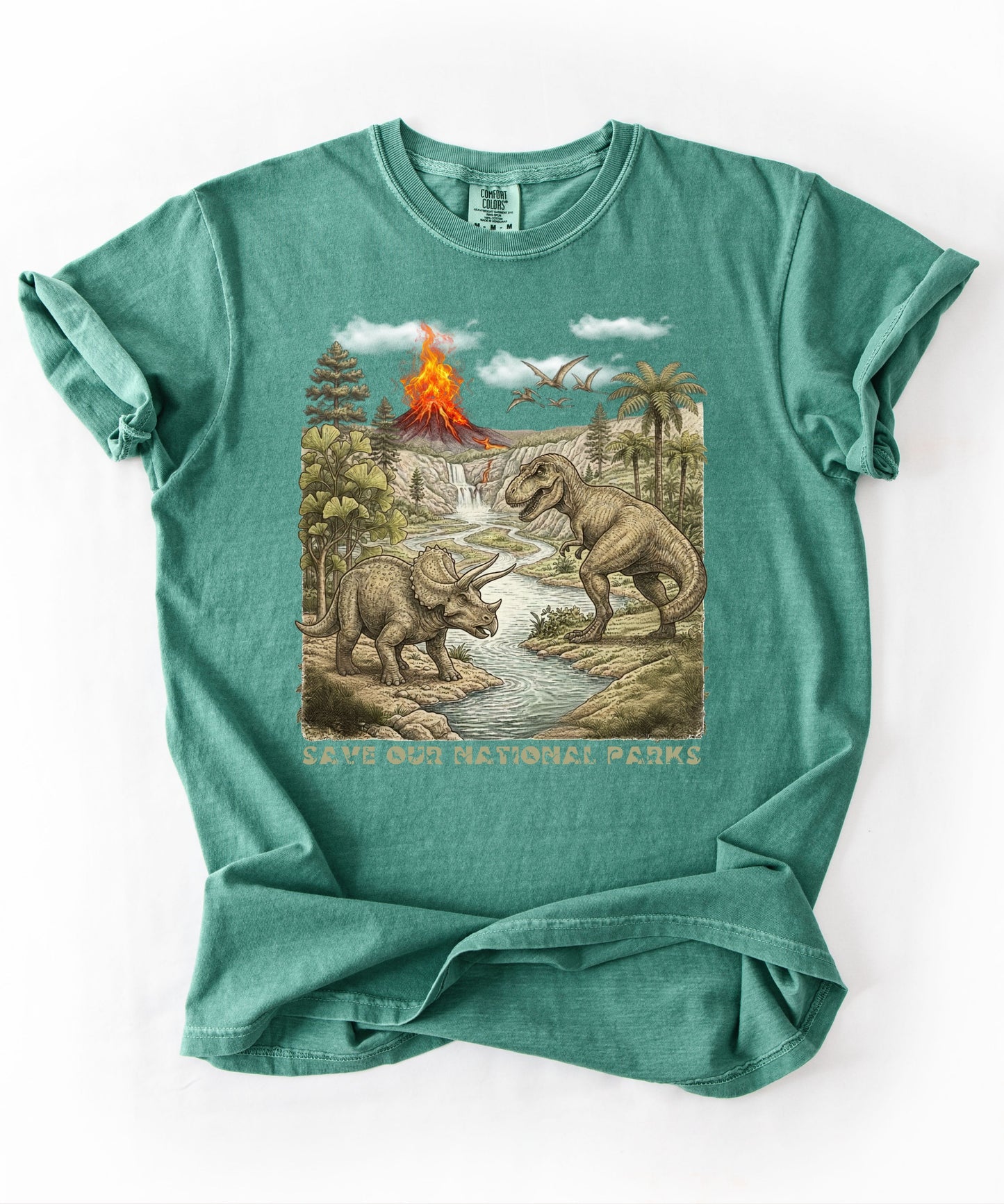 Save Our National Parks shirt in Light Green — vintage dinosaur graphic tee for nature lovers