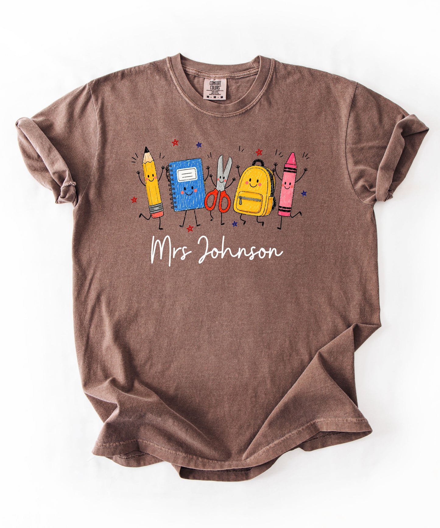 Personalized teacher t-shirt in Espresso with custom name printed on front — soft garment-dyed cotton tee, sizes S–4XL