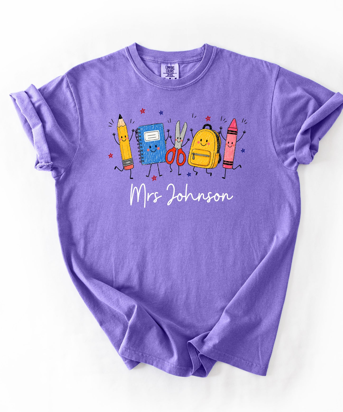 Personalized teacher t-shirt in Violet with custom name printed on front — soft garment-dyed cotton tee, sizes S–4XL