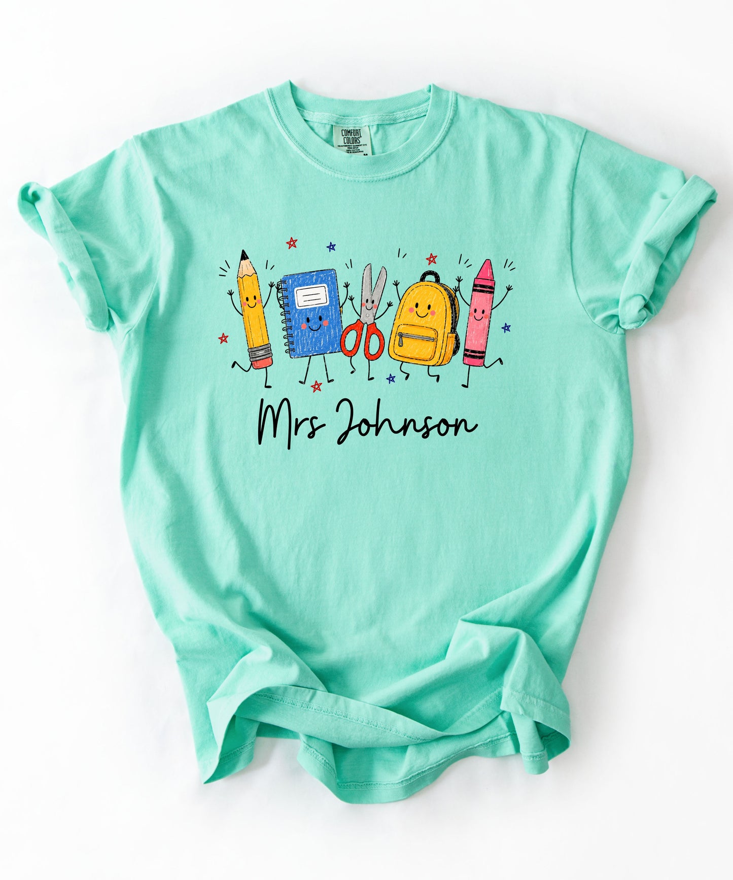 Personalized teacher t-shirt in Island Reef with custom name printed on front — soft garment-dyed cotton tee, sizes S–4XL