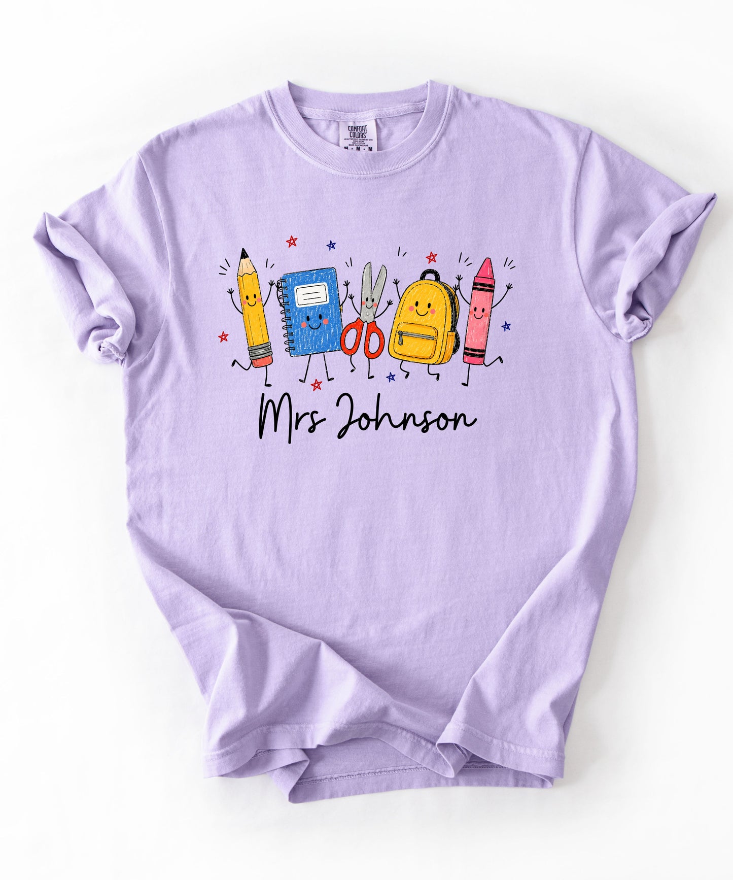 Personalized teacher t-shirt in Orchid with custom name printed on front — soft garment-dyed cotton tee, sizes S–4XL