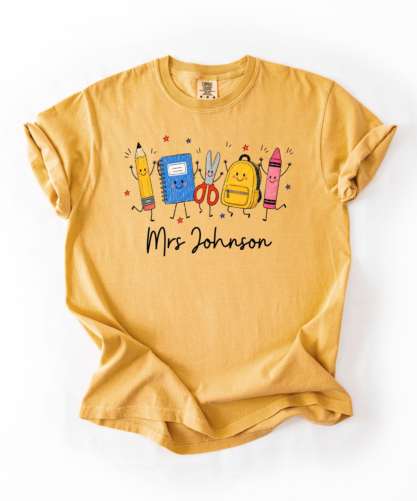 Personalized teacher t-shirt in Mustard with custom name printed on front — soft garment-dyed cotton tee, sizes S–4XL