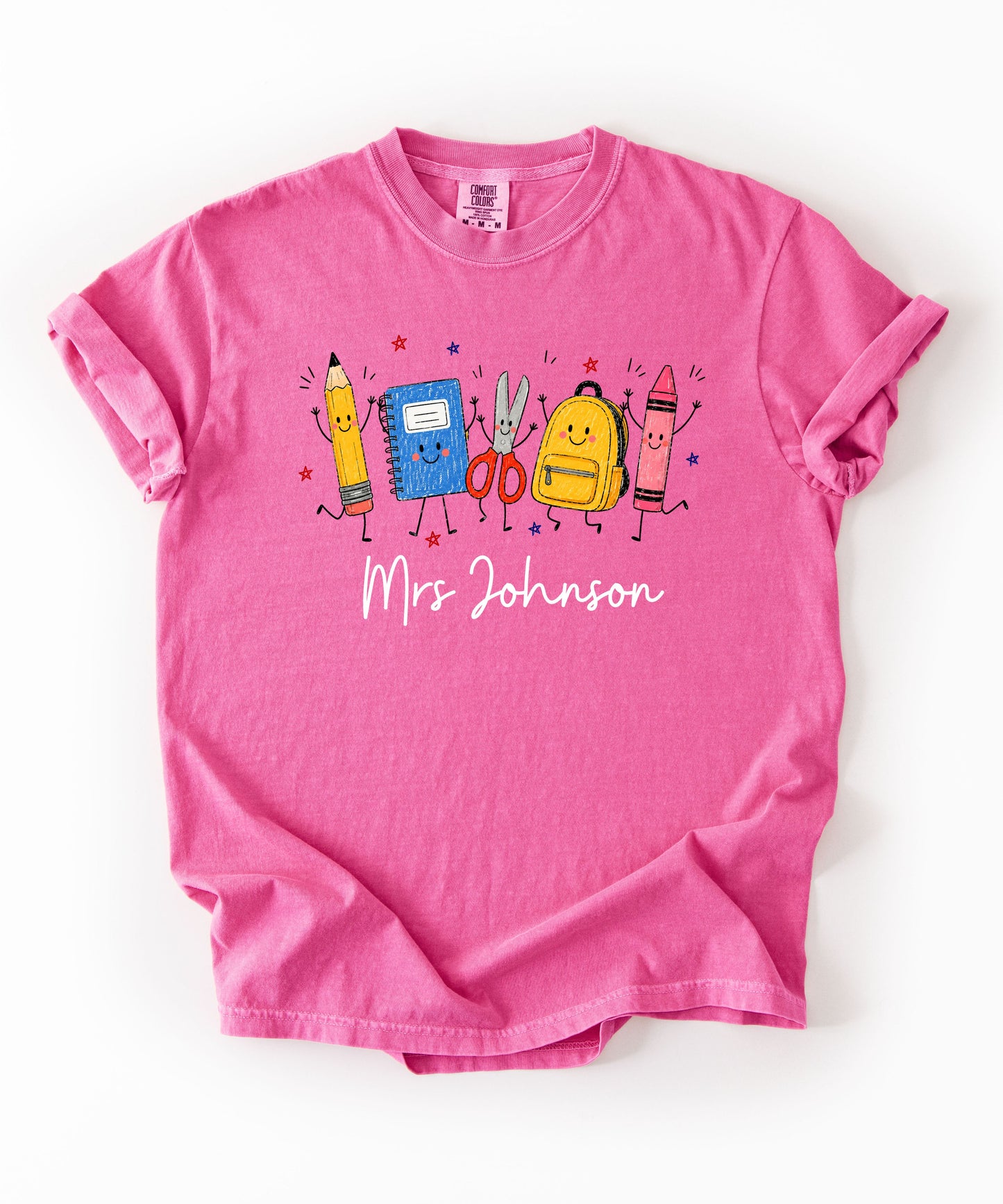 Personalized teacher t-shirt in Crunchberry with custom name printed on front — soft garment-dyed cotton tee, sizes S–4XL
