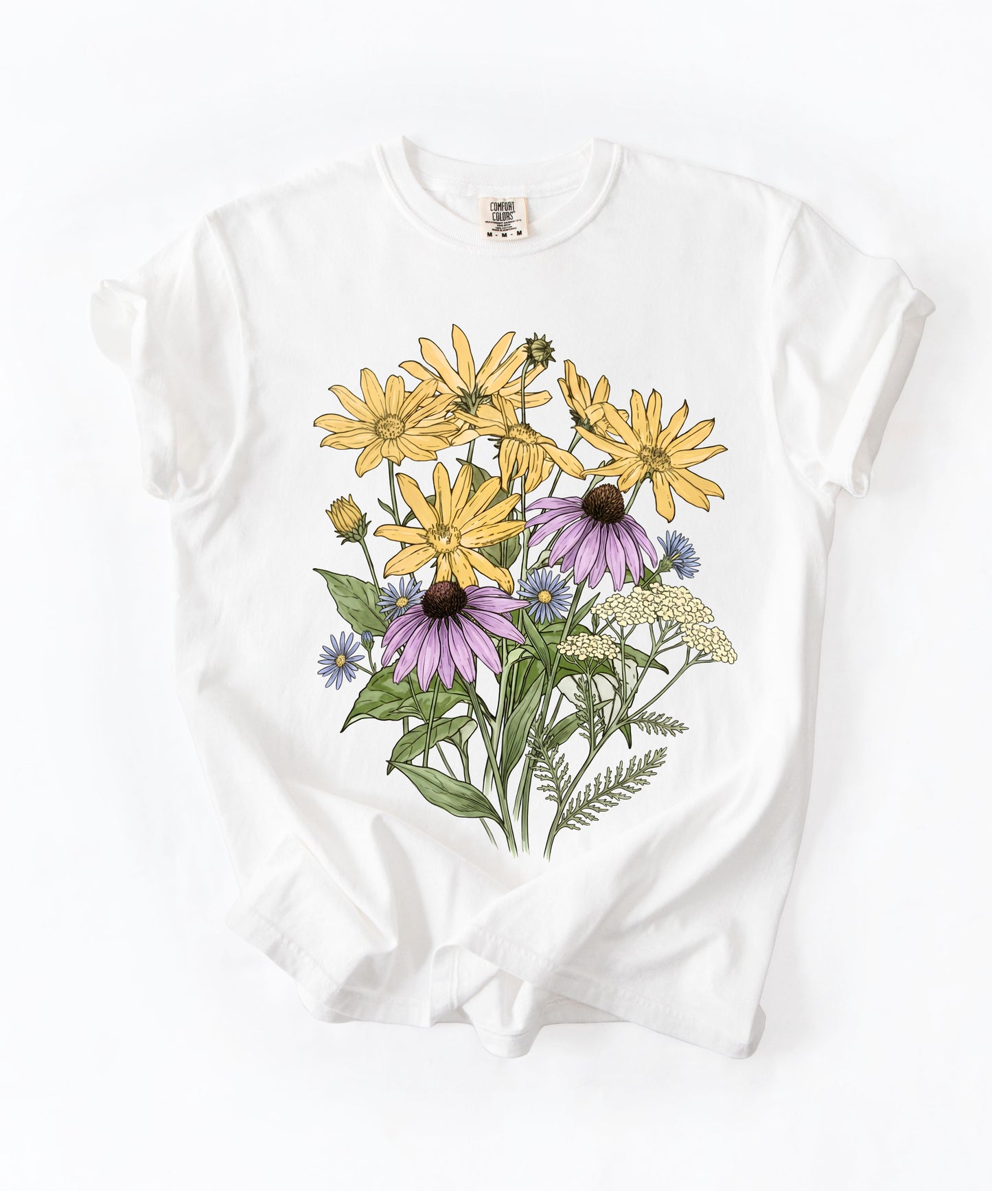Sunflower Art Nouveau t-shirt in White with vintage floral graphic — soft garment-dyed cotton tee, sizes S–4XL