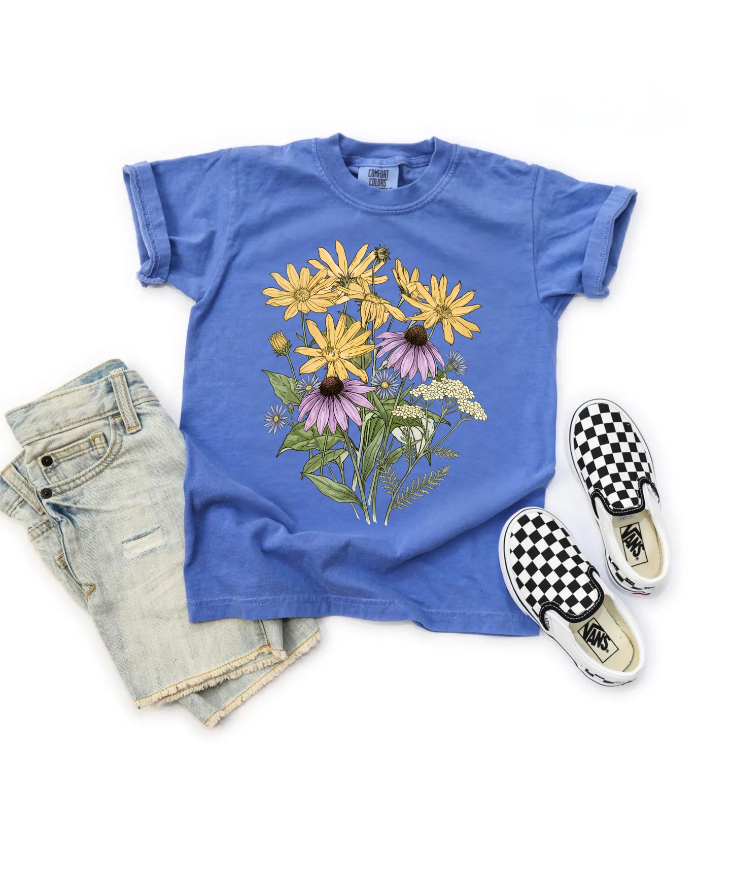 Sunflower Art Nouveau t-shirt in Flo Blue with vintage floral graphic — soft garment-dyed cotton tee, sizes S–4XL