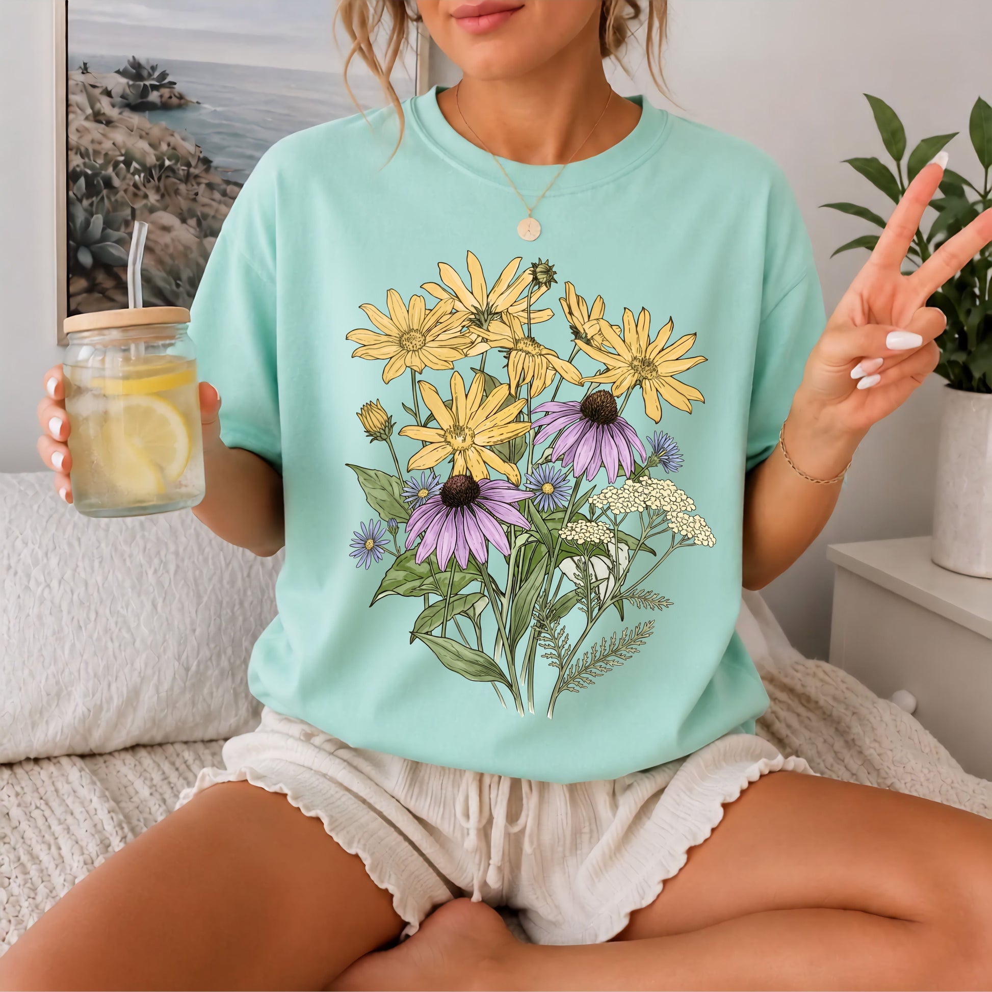 Sunflower Art Nouveau t-shirt in Chalky Mint with vintage floral graphic — soft garment-dyed cotton tee, sizes S–4XL