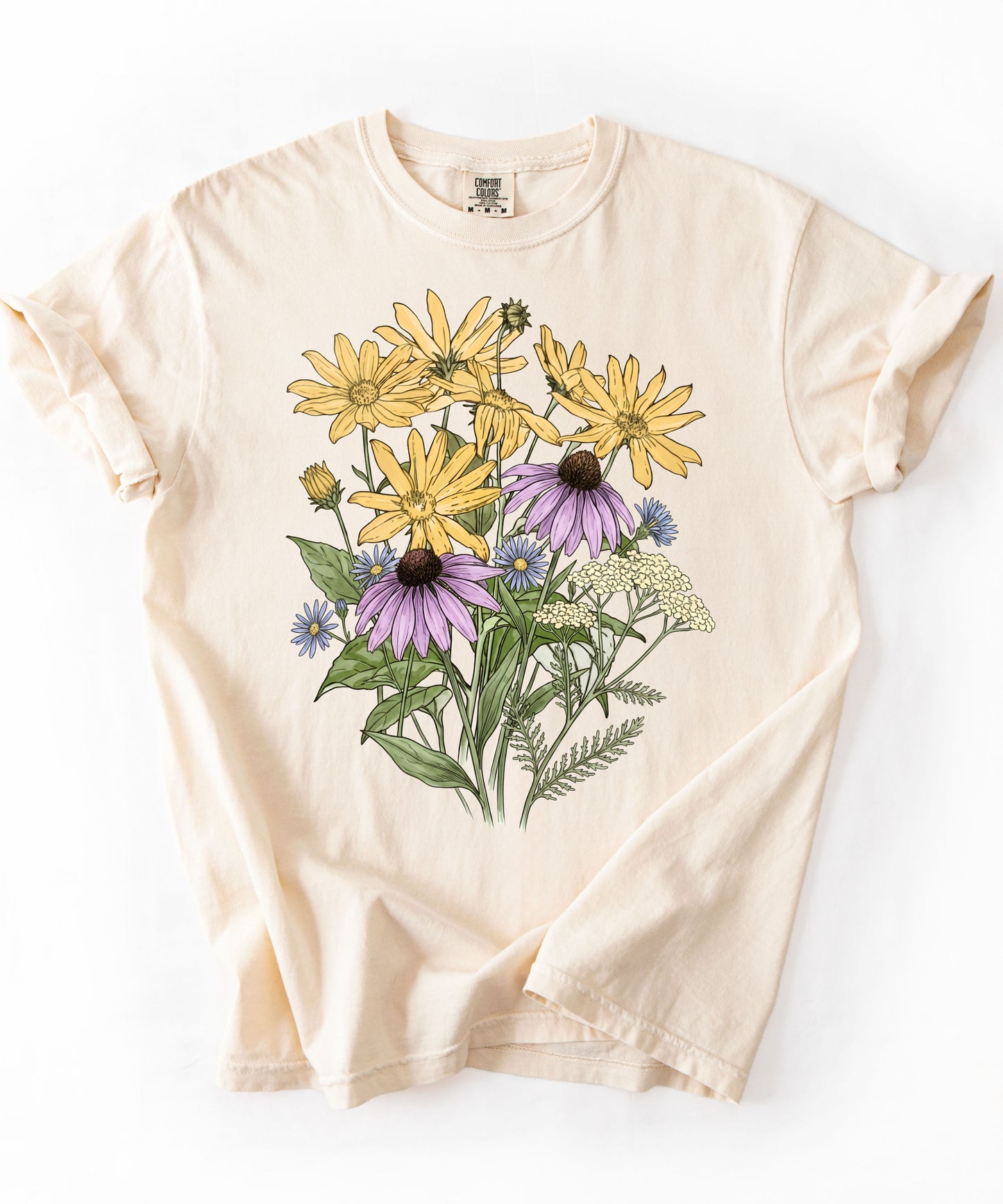 Sunflower Art Nouveau t-shirt in Ivory with vintage floral graphic — soft garment-dyed cotton tee, sizes S–4XL