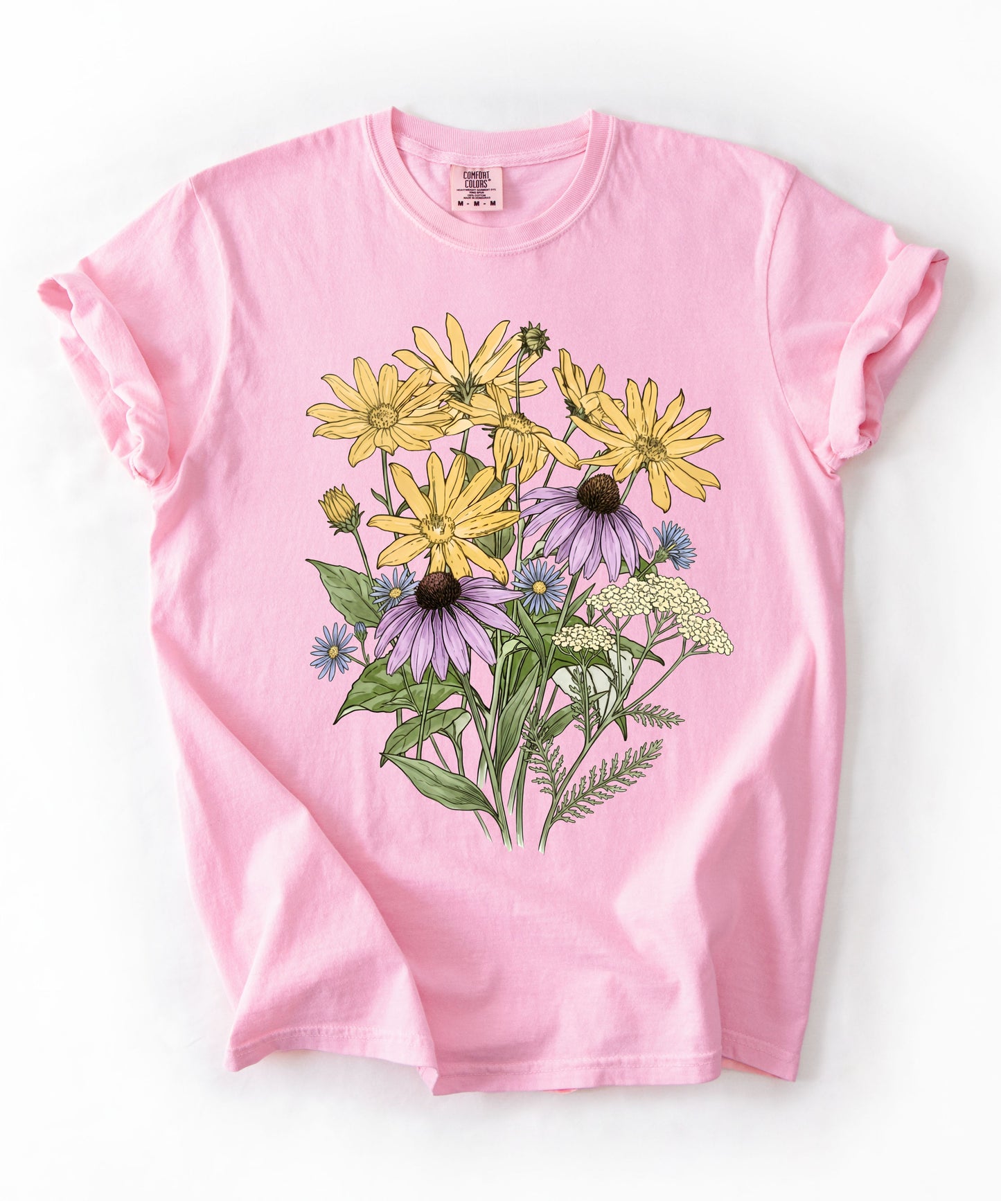 Sunflower Art Nouveau t-shirt in Blossom with vintage floral graphic — soft garment-dyed cotton tee, sizes S–4XL