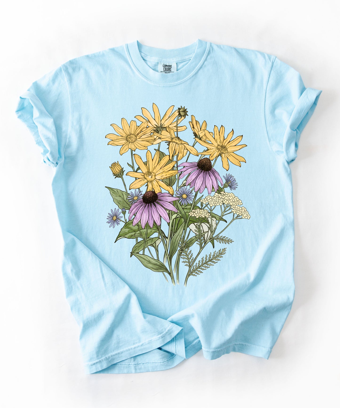 Sunflower Art Nouveau t-shirt in Chambray with vintage floral graphic — soft garment-dyed cotton tee, sizes S–4XL