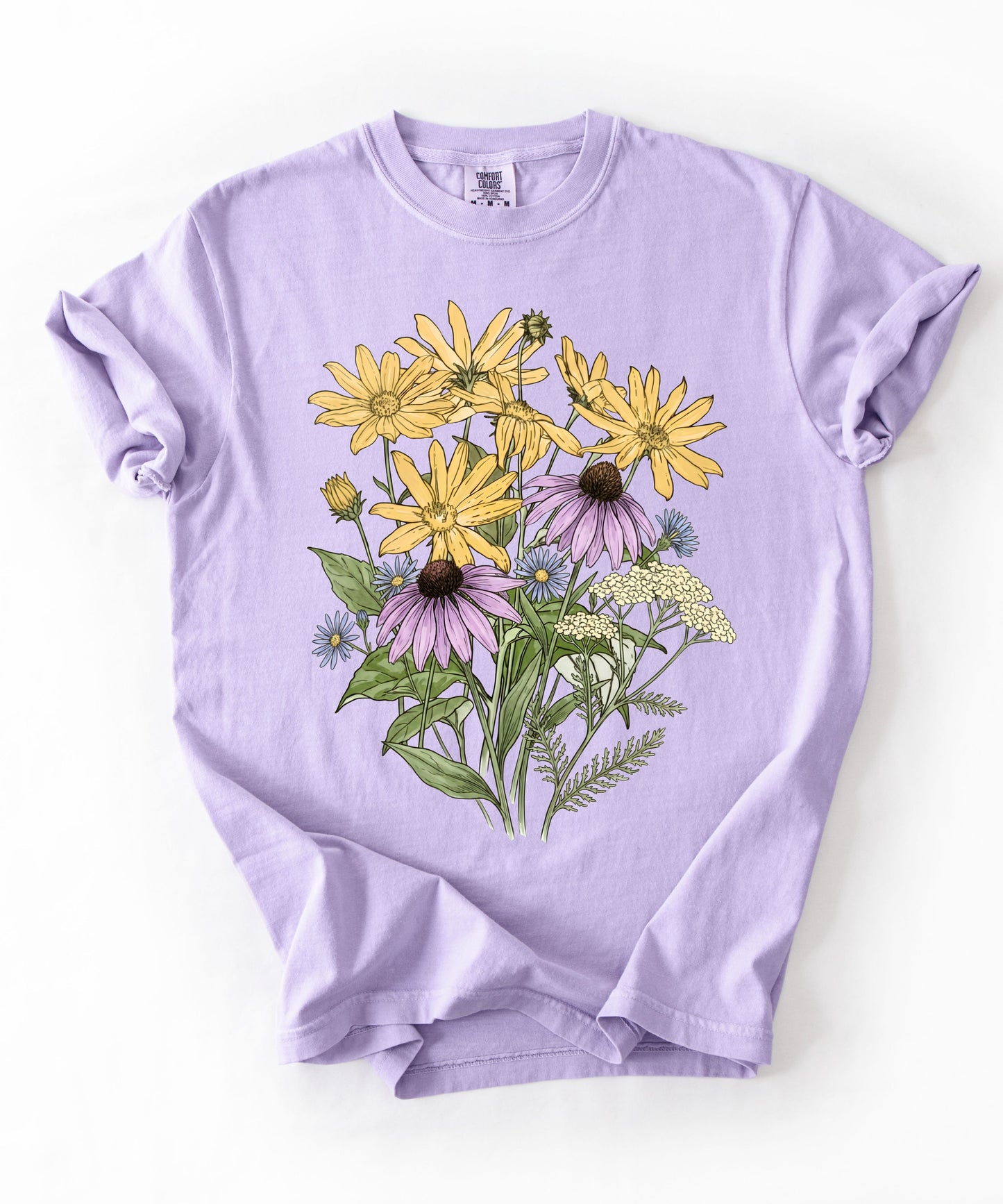 Sunflower Art Nouveau t-shirt in orchid with vintage floral graphic — soft garment-dyed cotton tee, sizes S–4XL