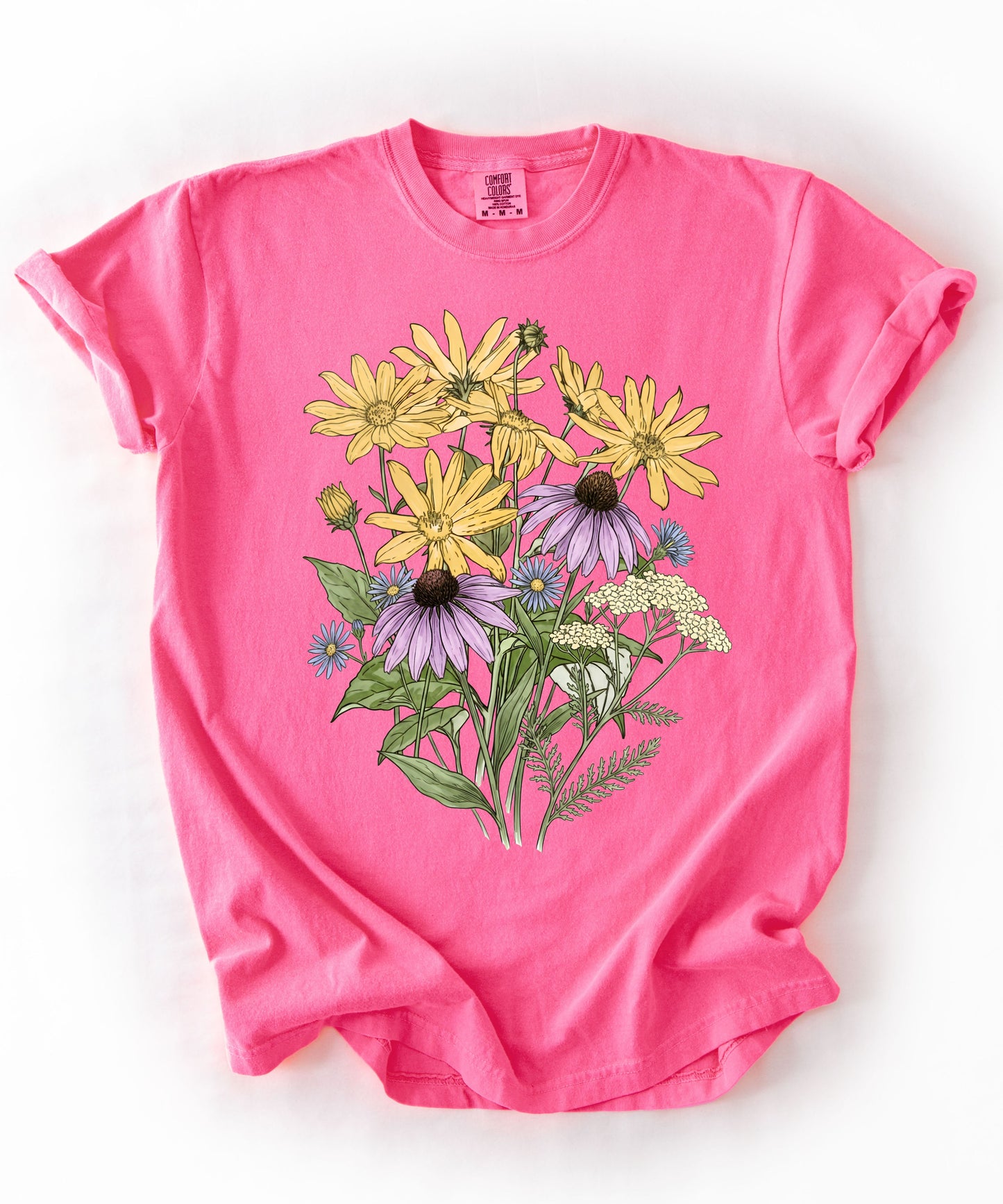 Sunflower Art Nouveau t-shirt in Neon Pink with vintage floral graphic — soft garment-dyed cotton tee, sizes S–4XL
