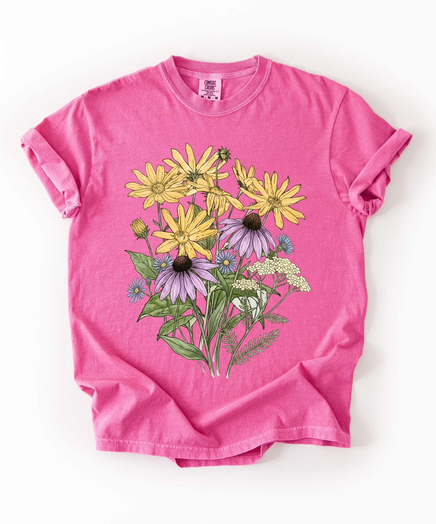 Sunflower Art Nouveau t-shirt in Crunchberry with vintage floral graphic — soft garment-dyed cotton tee, sizes S–4XL