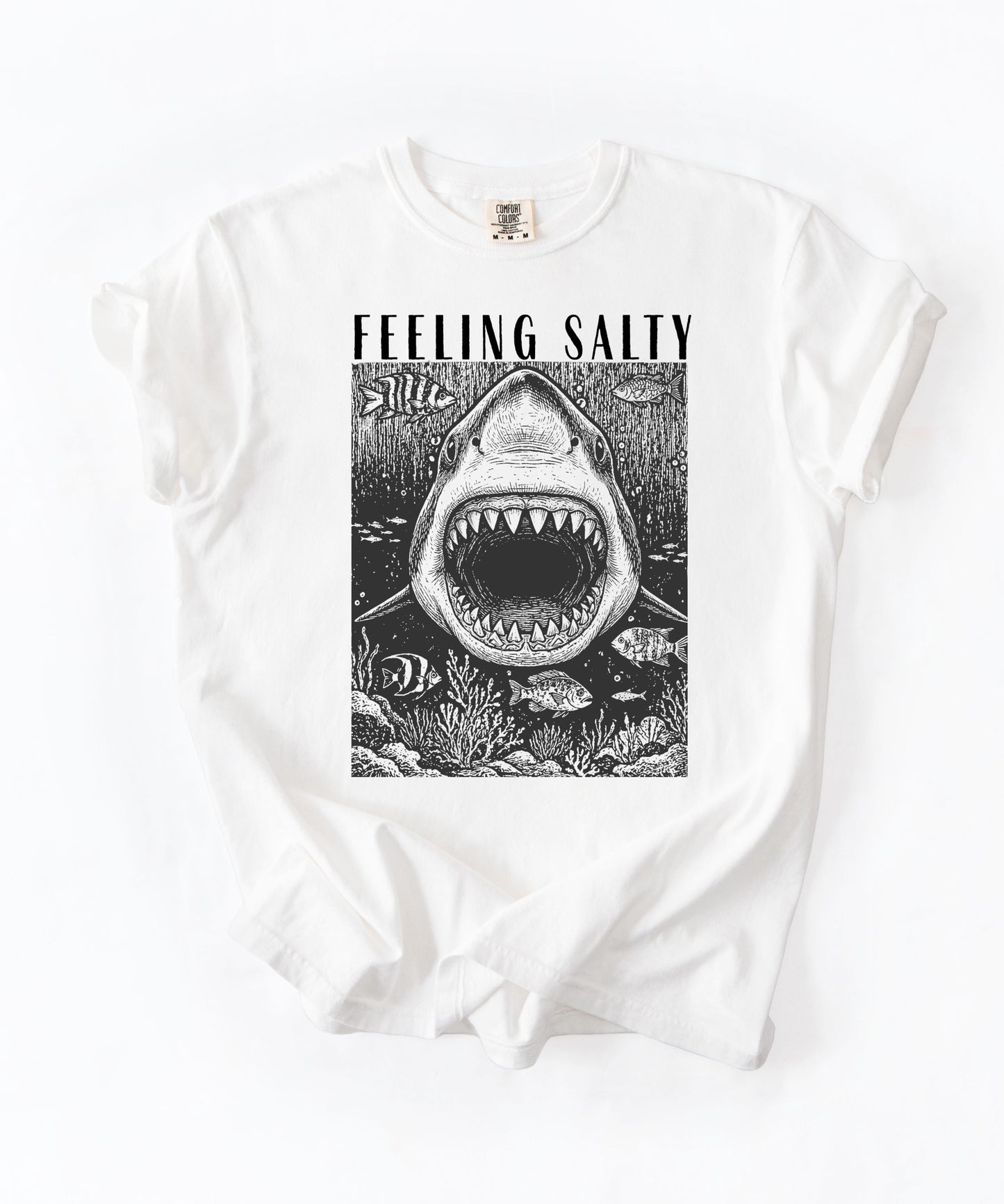 Feeling Salty Shark T-Shirt in White
 — Comfort Colors vintage ocean graphic tee, unisex relaxed fit