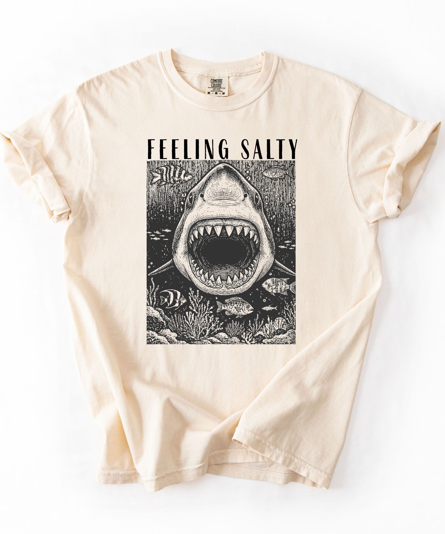 Feeling Salty Shark T-Shirt in Ivory — Comfort Colors vintage ocean graphic tee, unisex relaxed fit