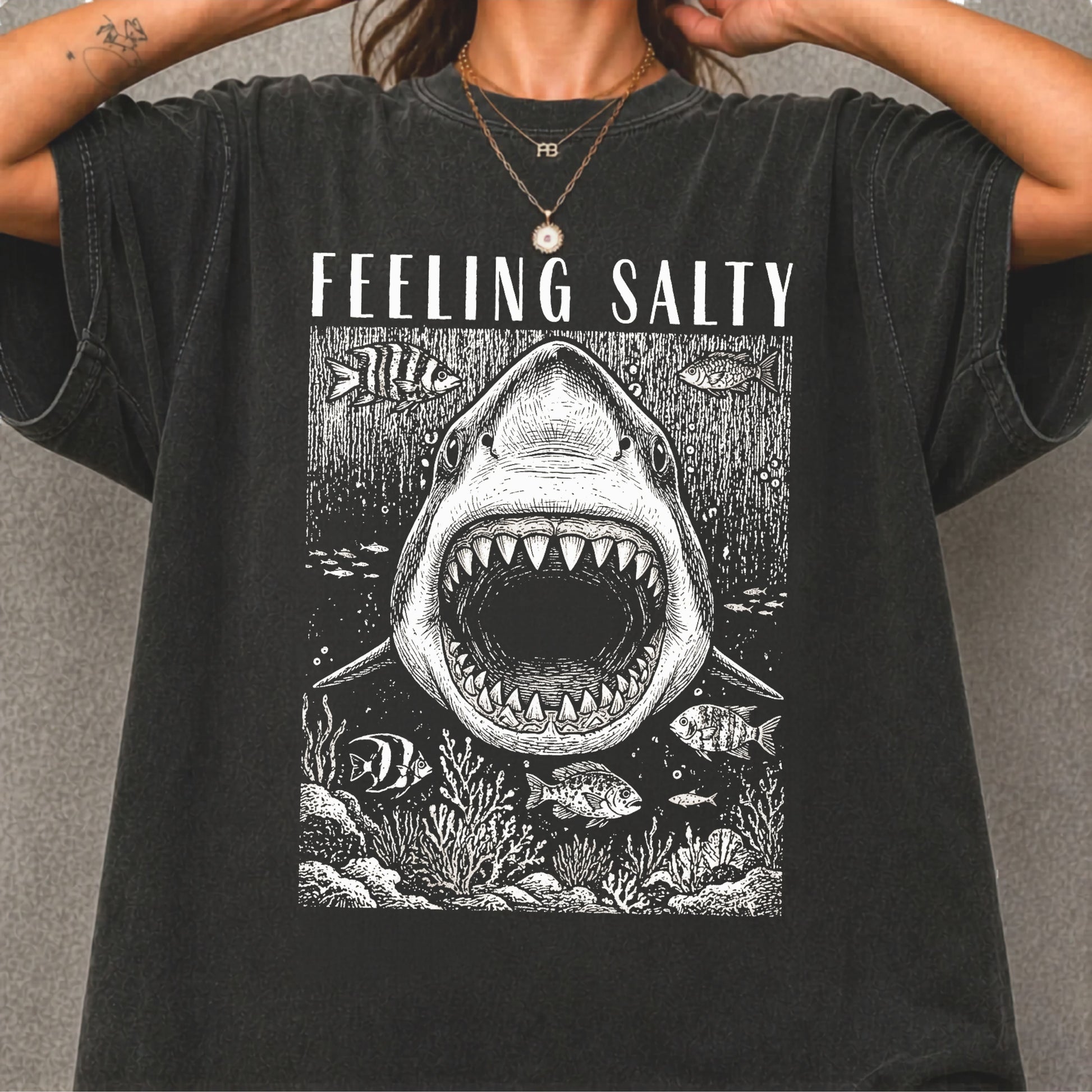 Feeling Salty Shark T-Shirt in Black — Comfort Colors vintage ocean graphic tee, unisex relaxed fit