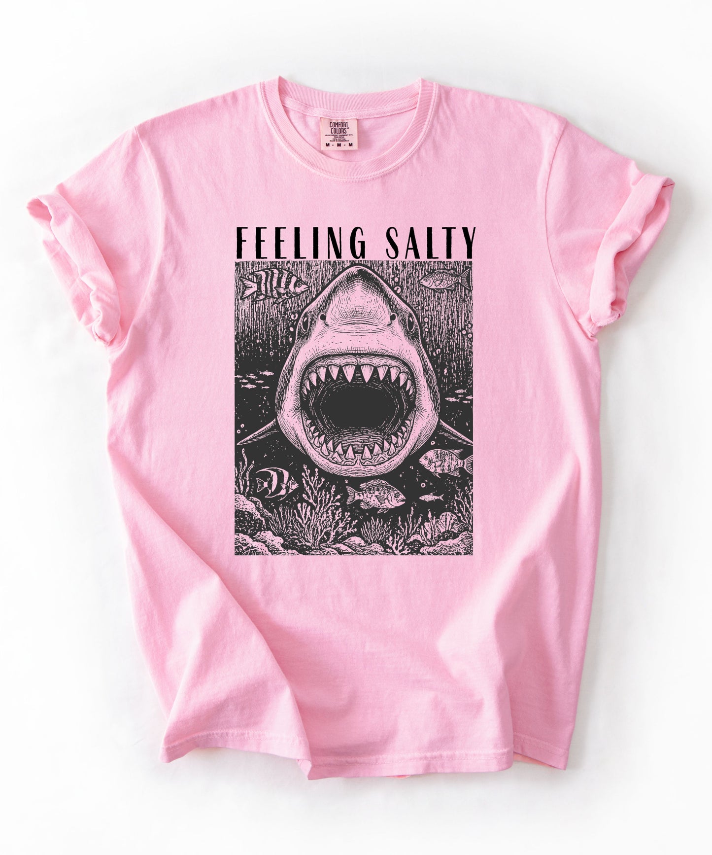 Feeling Salty Shark T-Shirt in Blossom— Comfort Colors vintage ocean graphic tee, unisex relaxed fit