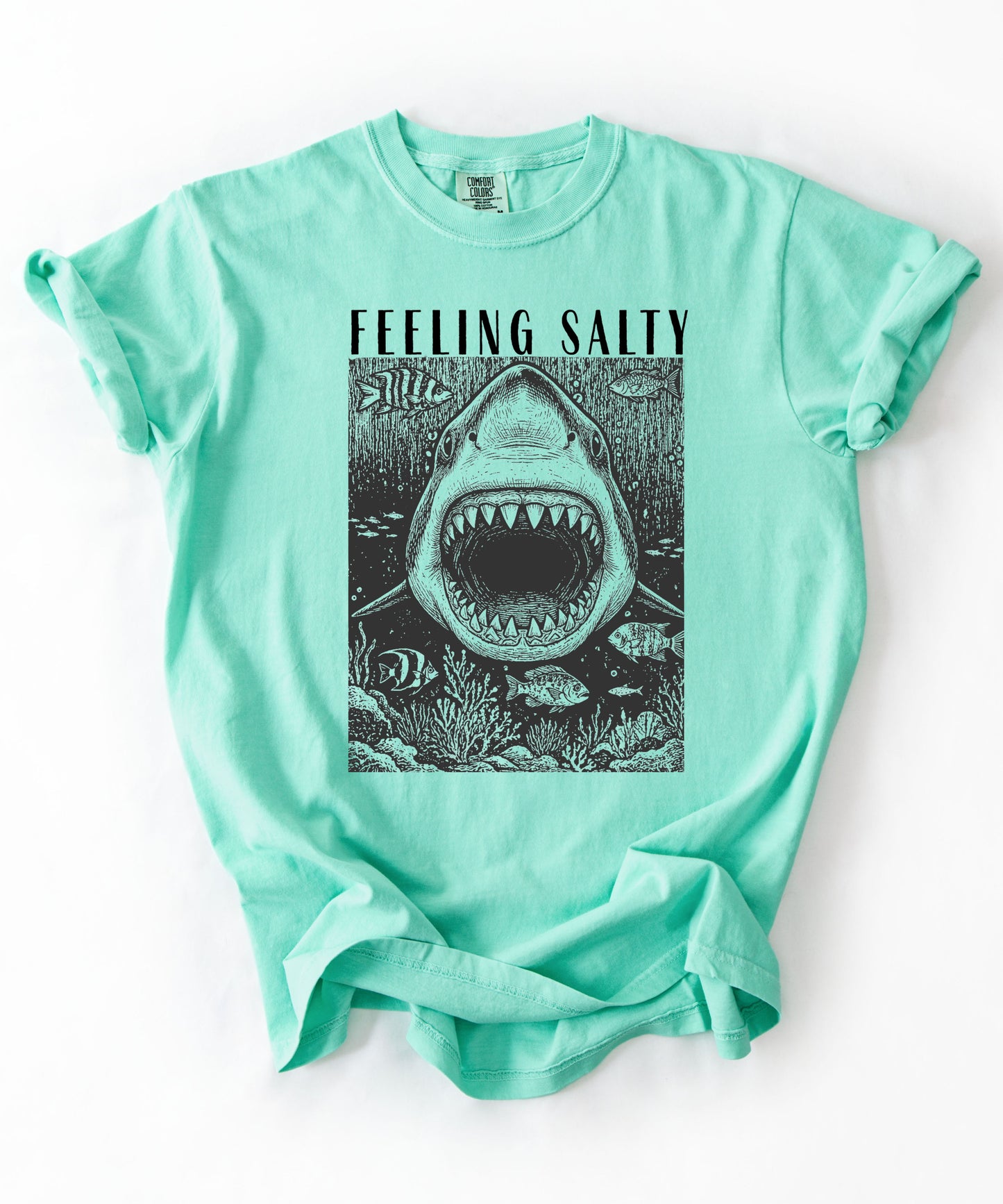Feeling Salty Shark T-Shirt in Island Reef — Comfort Colors vintage ocean graphic tee, unisex relaxed fit