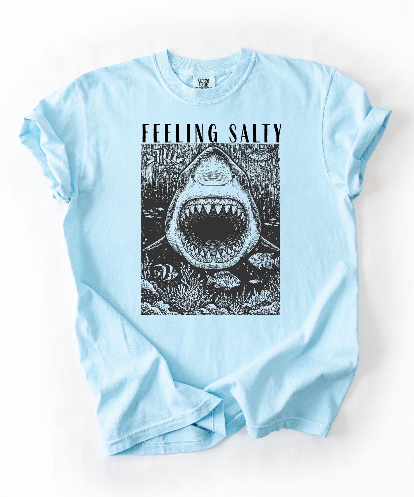 Feeling Salty Shark T-Shirt in Chambray — Comfort Colors vintage ocean graphic tee, unisex relaxed fit