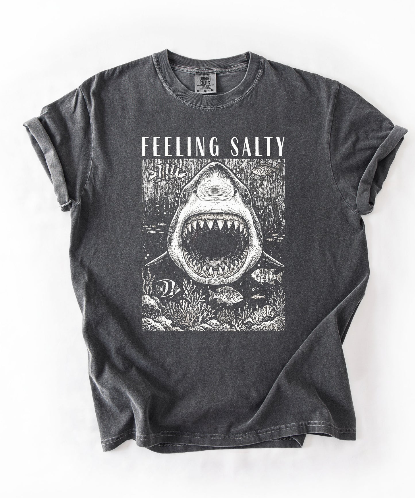 Feeling Salty Shark T-Shirt in Pepper — Comfort Colors vintage ocean graphic tee, unisex relaxed fit