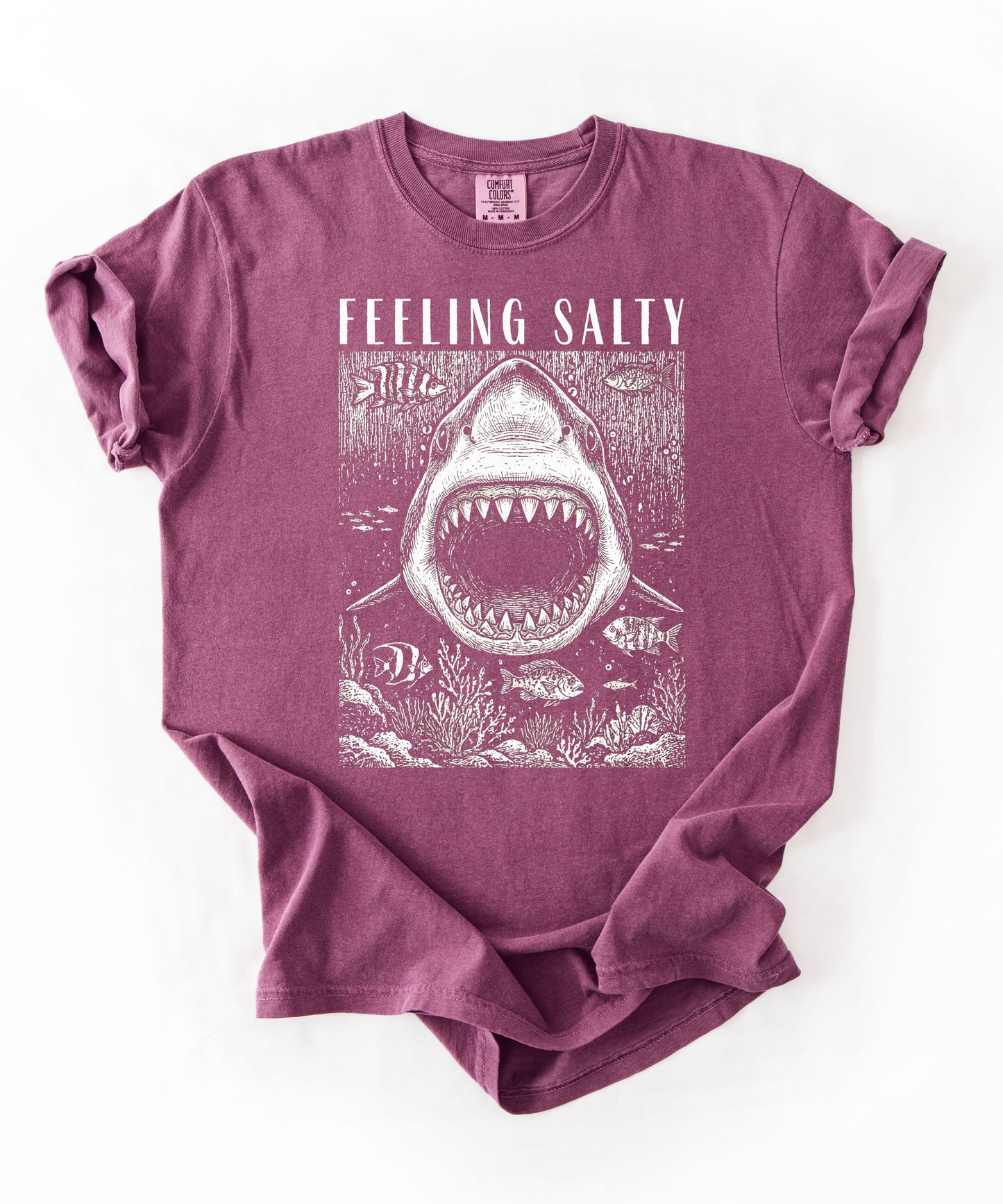 Feeling Salty Shark T-Shirt in Berry — Comfort Colors vintage ocean graphic tee, unisex relaxed fit