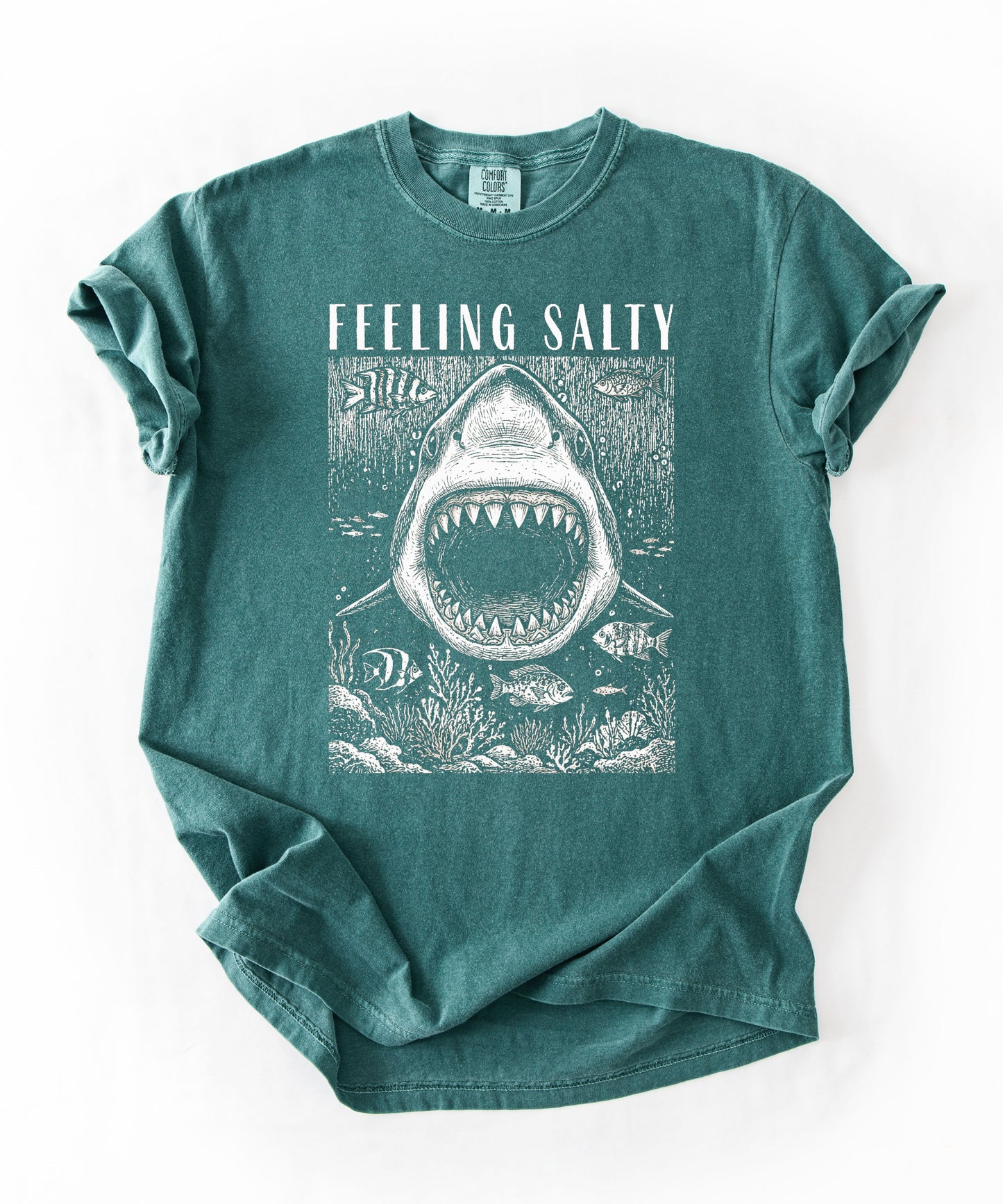 Feeling Salty Shark T-Shirt in Blue Spruce — Comfort Colors vintage ocean graphic tee, unisex relaxed fit