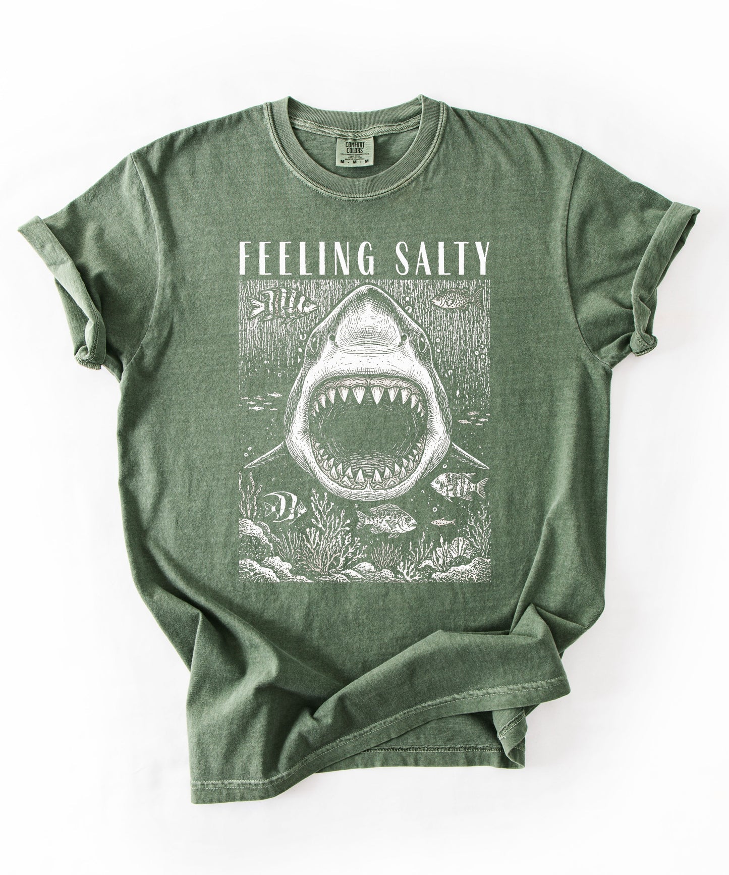Feeling Salty Shark T-Shirt in Moss — Comfort Colors vintage ocean graphic tee, unisex relaxed fit