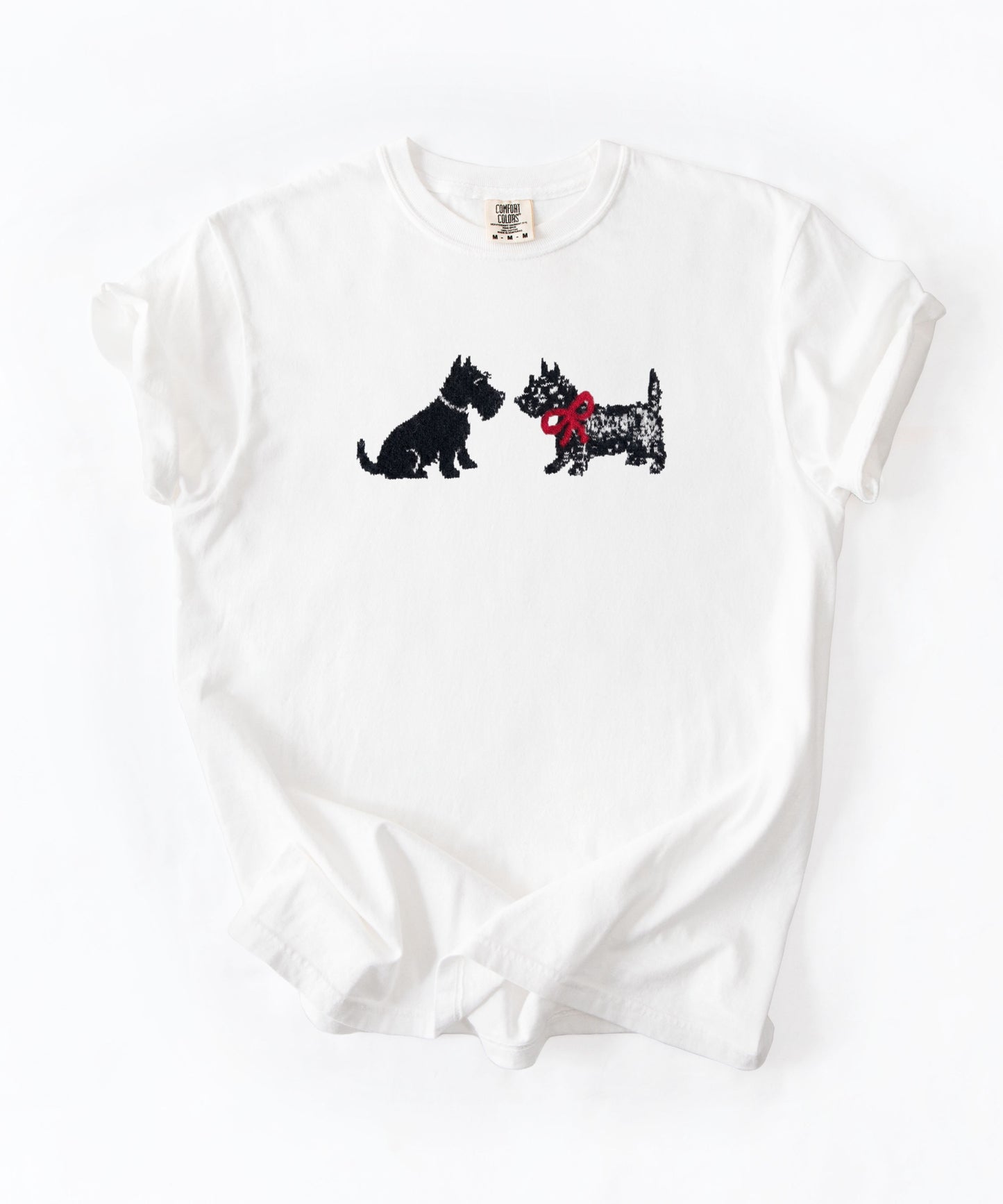 Scottie Dog Friends T-Shirt in White — Comfort Colors garment-dyed tee with cute Scottish Terrier graphic, unisex relaxed fit
