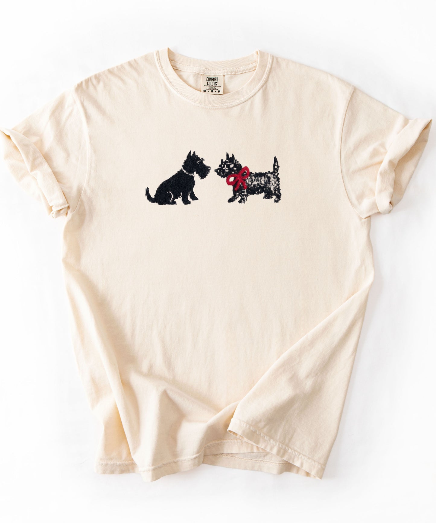 Scottie Dog Friends T-Shirt in Ivory — Comfort Colors garment-dyed tee with cute Scottish Terrier graphic, unisex relaxed fit