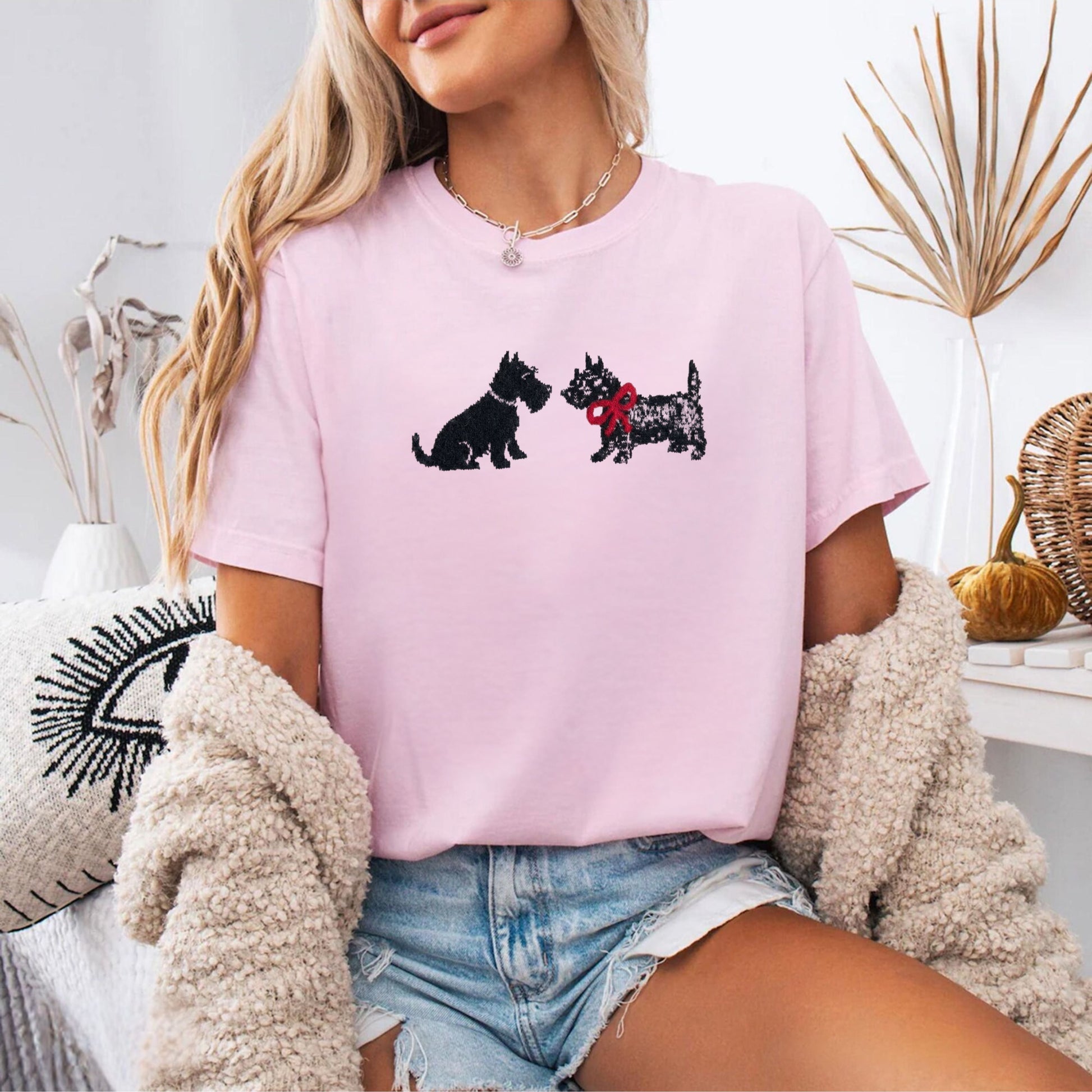 Scottie Dog Friends T-Shirt in Blossom— Comfort Colors garment-dyed tee with cute Scottish Terrier graphic, unisex relaxed fit