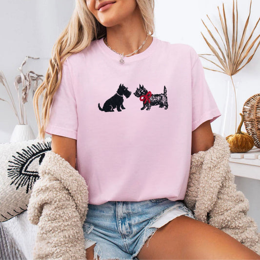 Scottie Dog Friends T-Shirt in Blossom— Comfort Colors garment-dyed tee with cute Scottish Terrier graphic, unisex relaxed fit