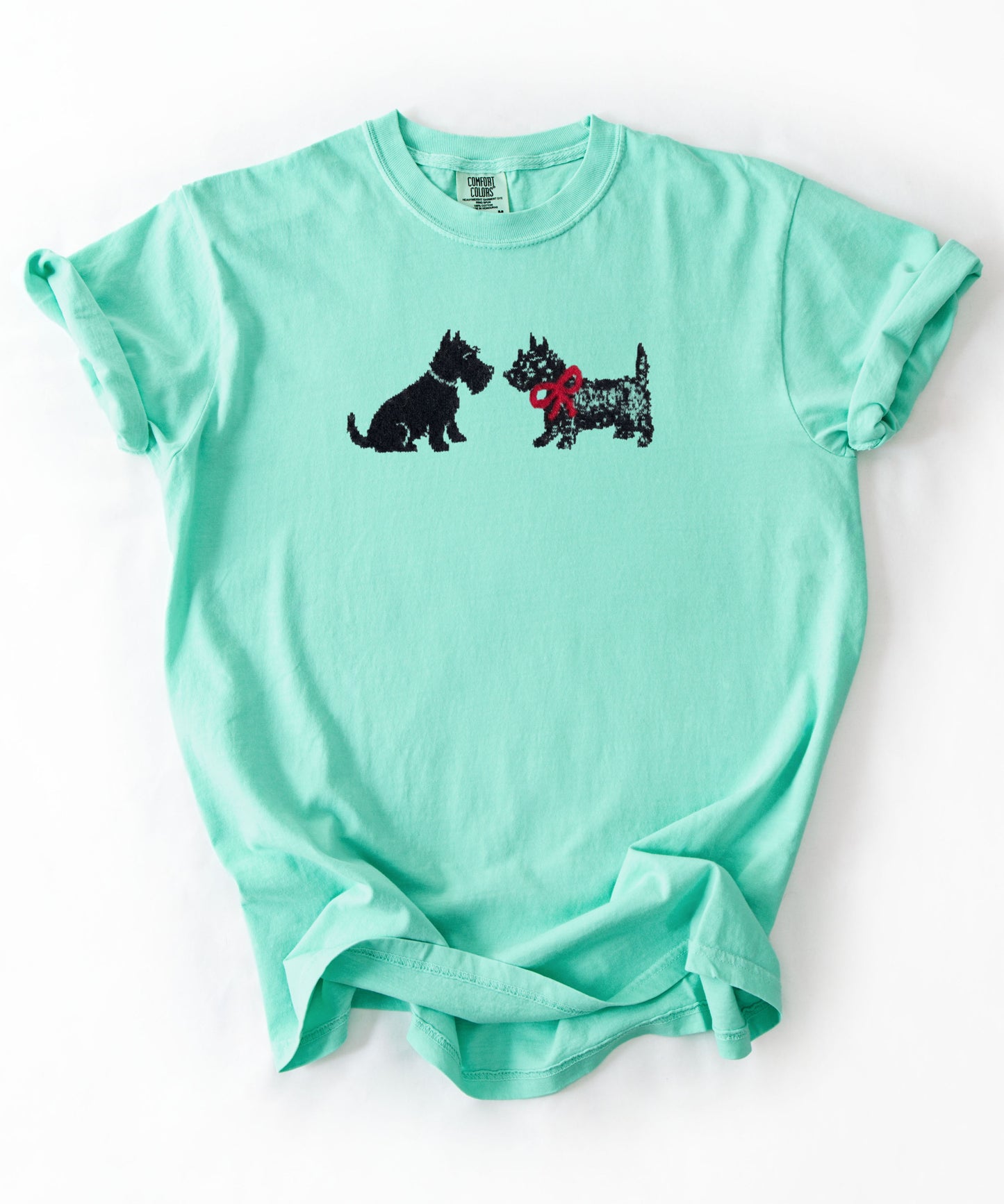 Scottie Dog Friends T-Shirt in Island Reef — Comfort Colors garment-dyed tee with cute Scottish Terrier graphic, unisex relaxed fit