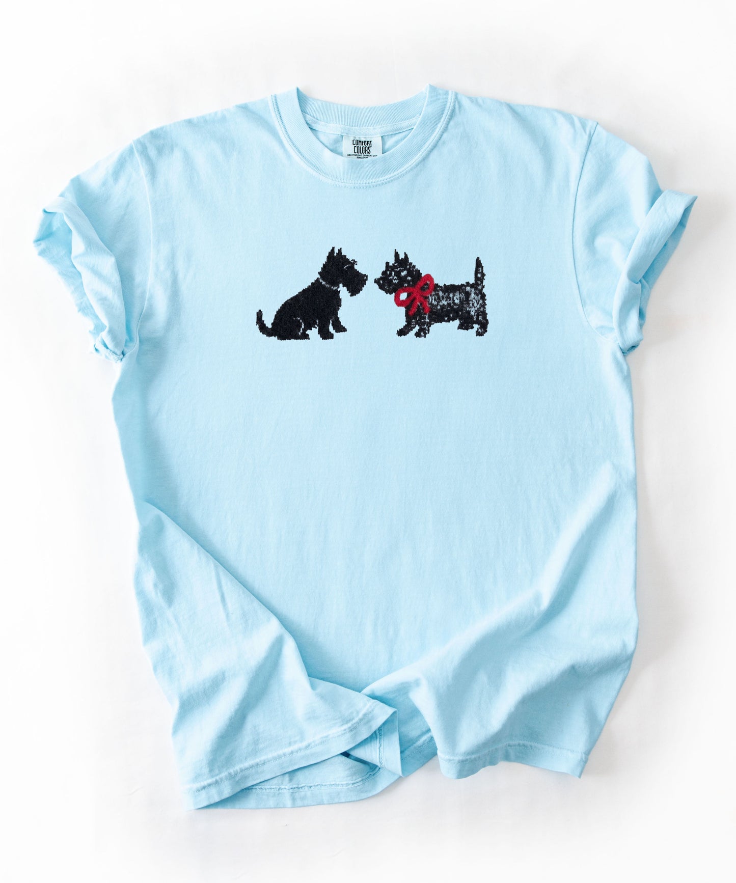 Scottie Dog Friends T-Shirt in Chambray — Comfort Colors garment-dyed tee with cute Scottish Terrier graphic, unisex relaxed fit