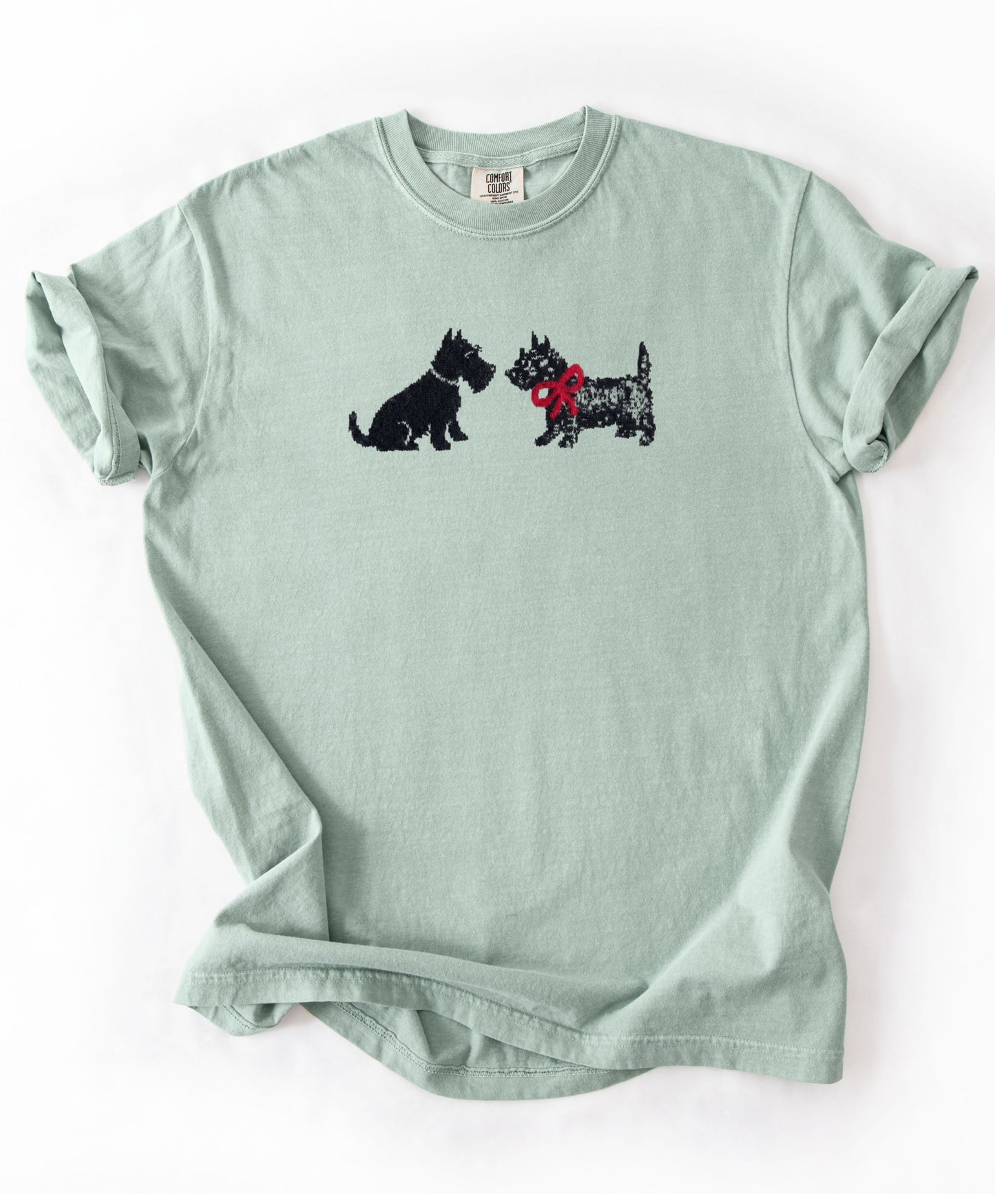 Scottie Dog Friends T-Shirt in Bay — Comfort Colors garment-dyed tee with cute Scottish Terrier graphic, unisex relaxed fit