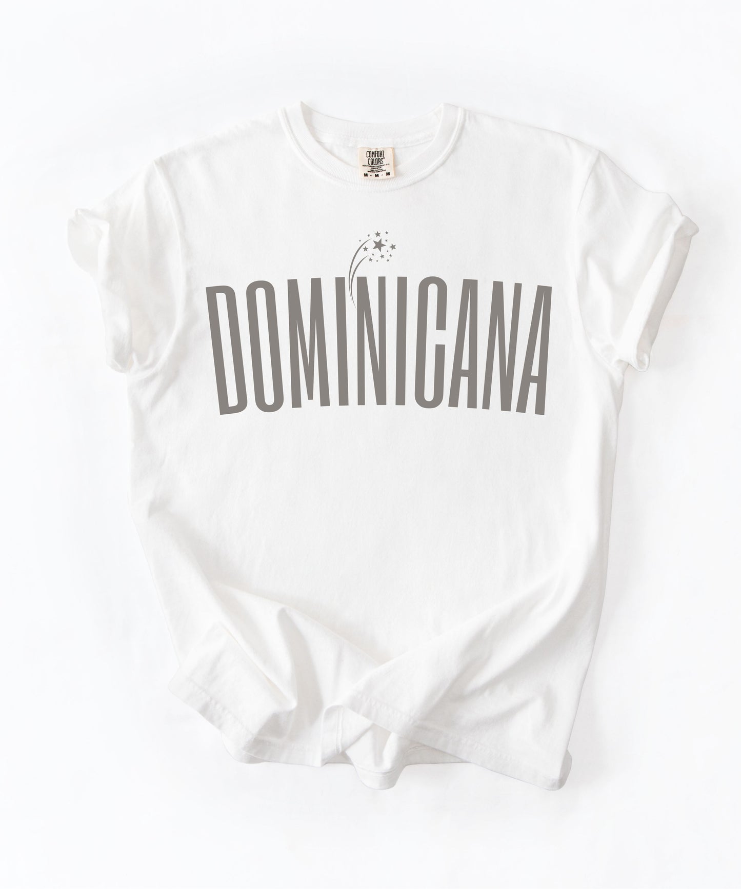 Dominicana graphic t-shirt in White — vintage garment-dyed island pride tee with elongated chest print, relaxed fit