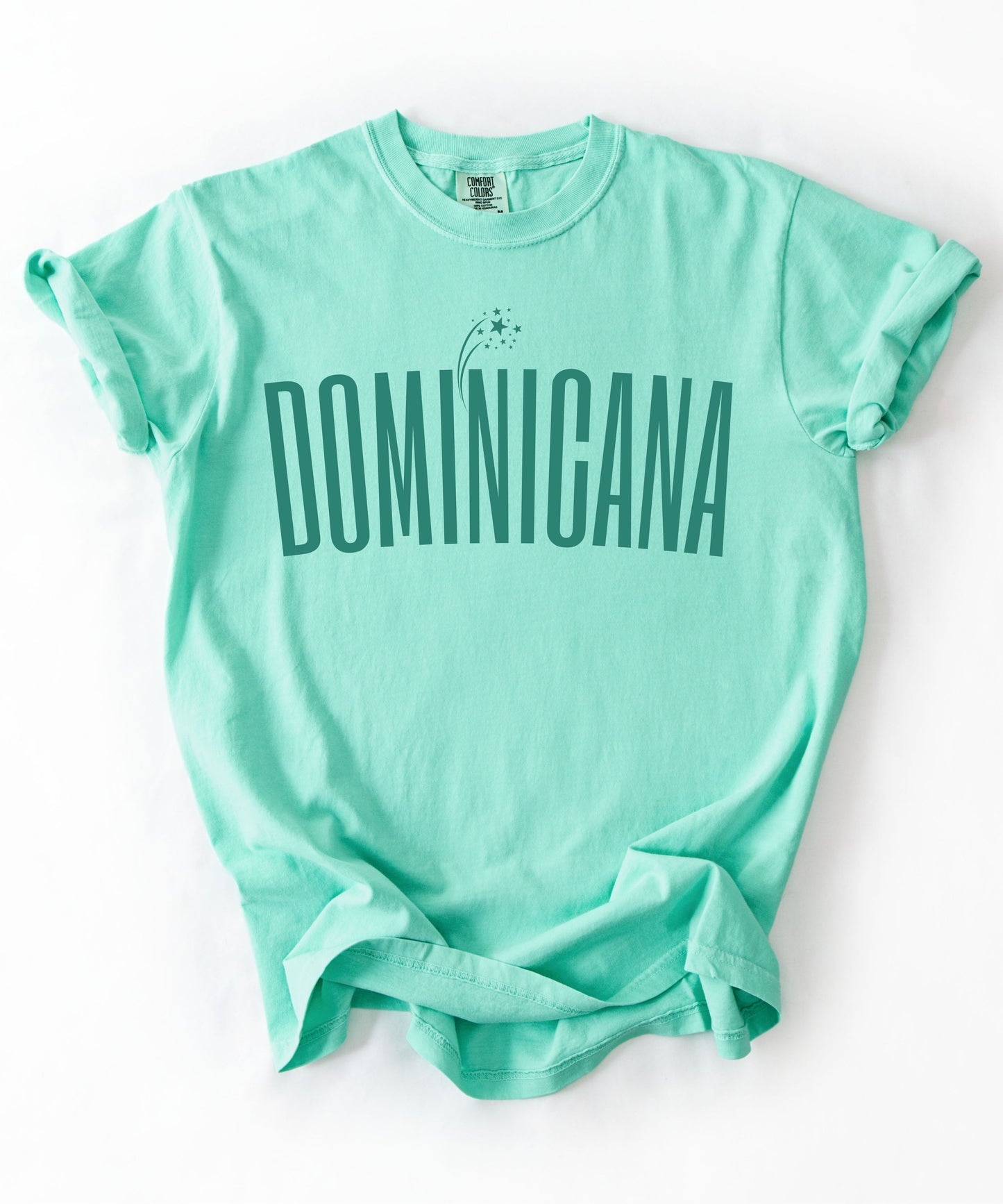 Dominicana graphic t-shirt in Island reef — vintage garment-dyed island pride tee with elongated chest print, relaxed fit