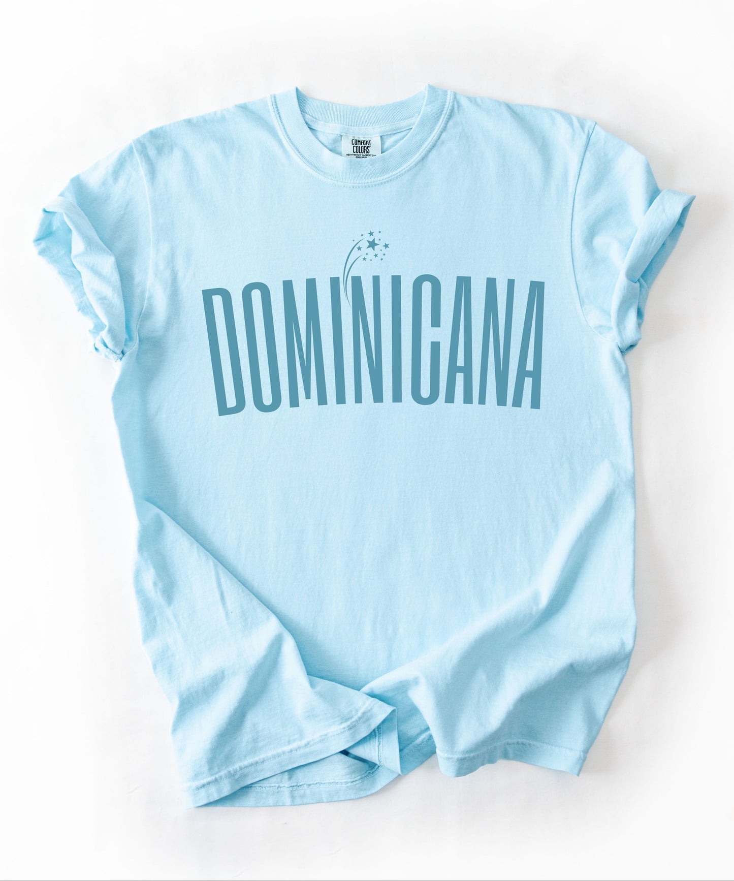 Dominicana graphic t-shirt in Chambray— vintage garment-dyed island pride tee with elongated chest print, relaxed fit