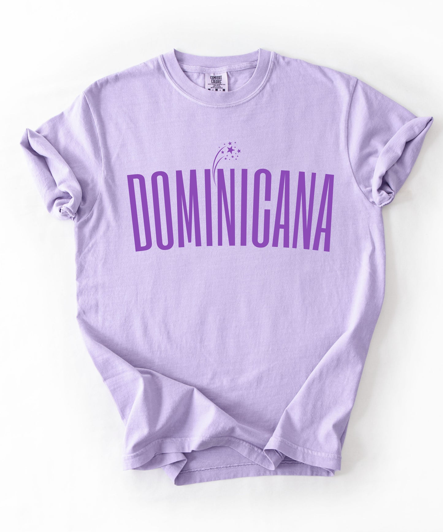 Dominicana graphic t-shirt in Orchid— vintage garment-dyed island pride tee with elongated chest print, relaxed fit