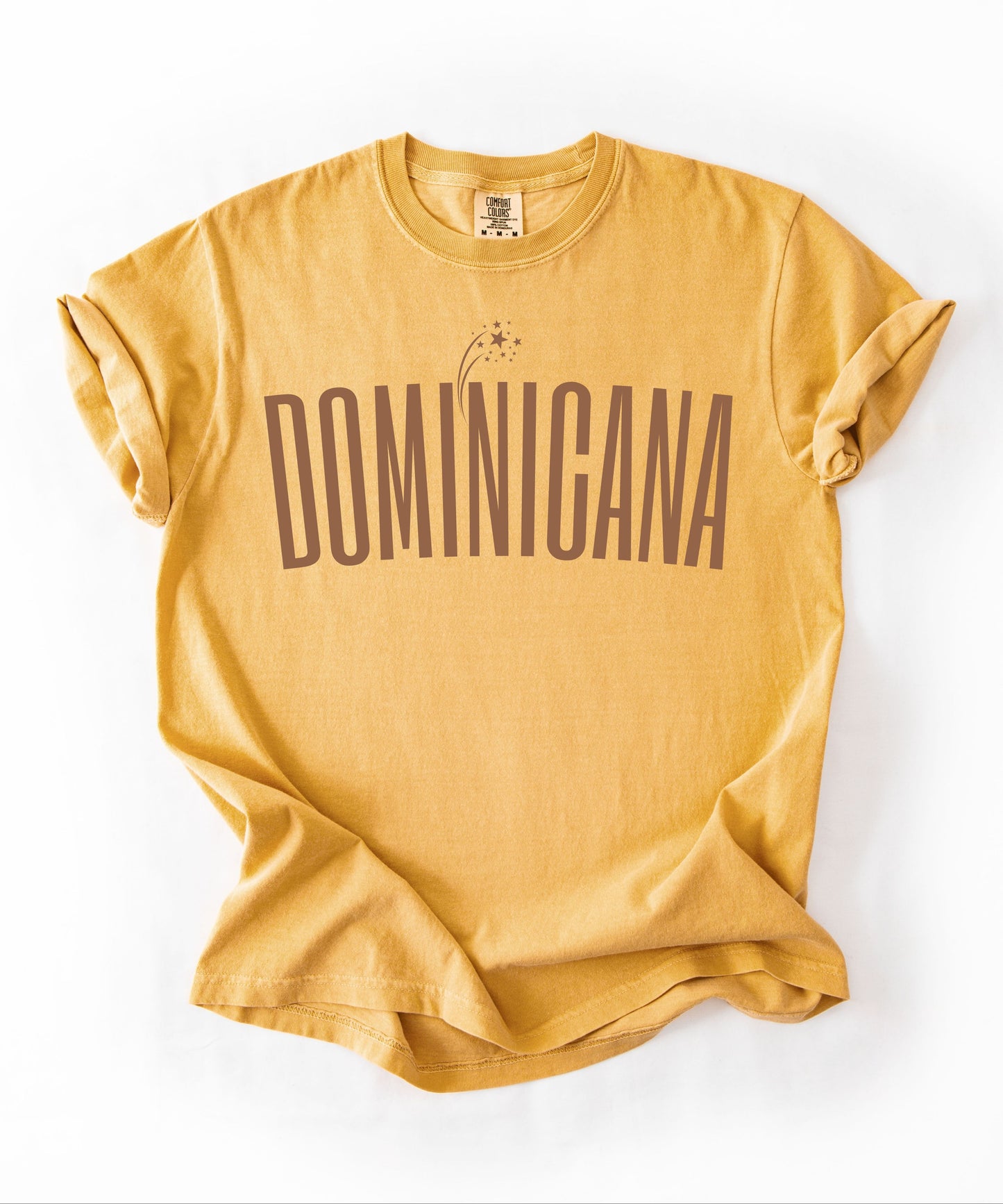Dominicana graphic t-shirt in Mustard— vintage garment-dyed island pride tee with elongated chest print, relaxed fit