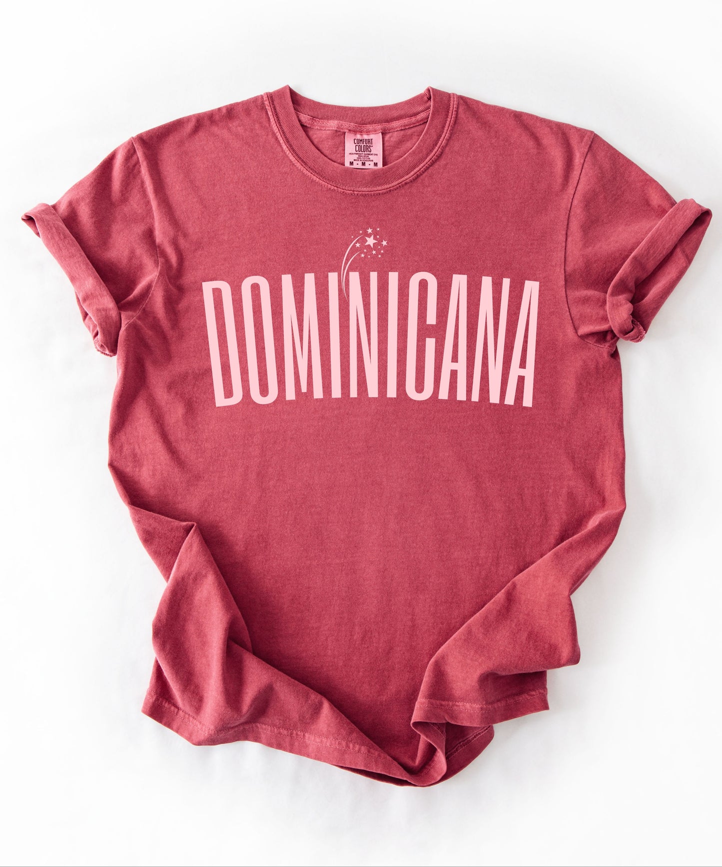 Dominicana graphic t-shirt in Crimson— vintage garment-dyed island pride tee with elongated chest print, relaxed fit