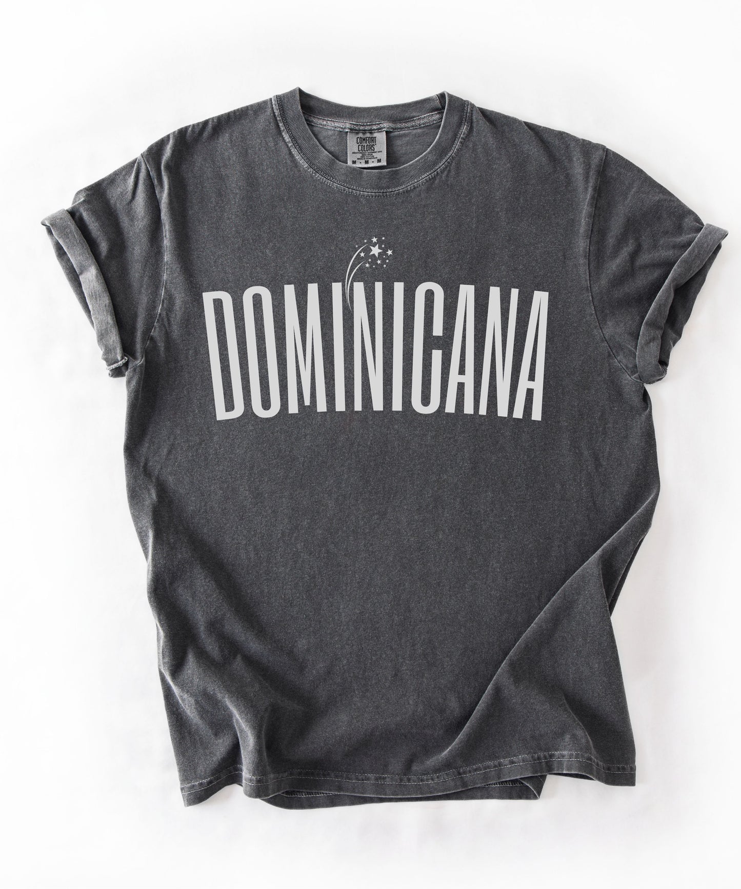 Dominicana graphic t-shirt in pepper — vintage garment-dyed island pride tee with elongated chest print, relaxed fit