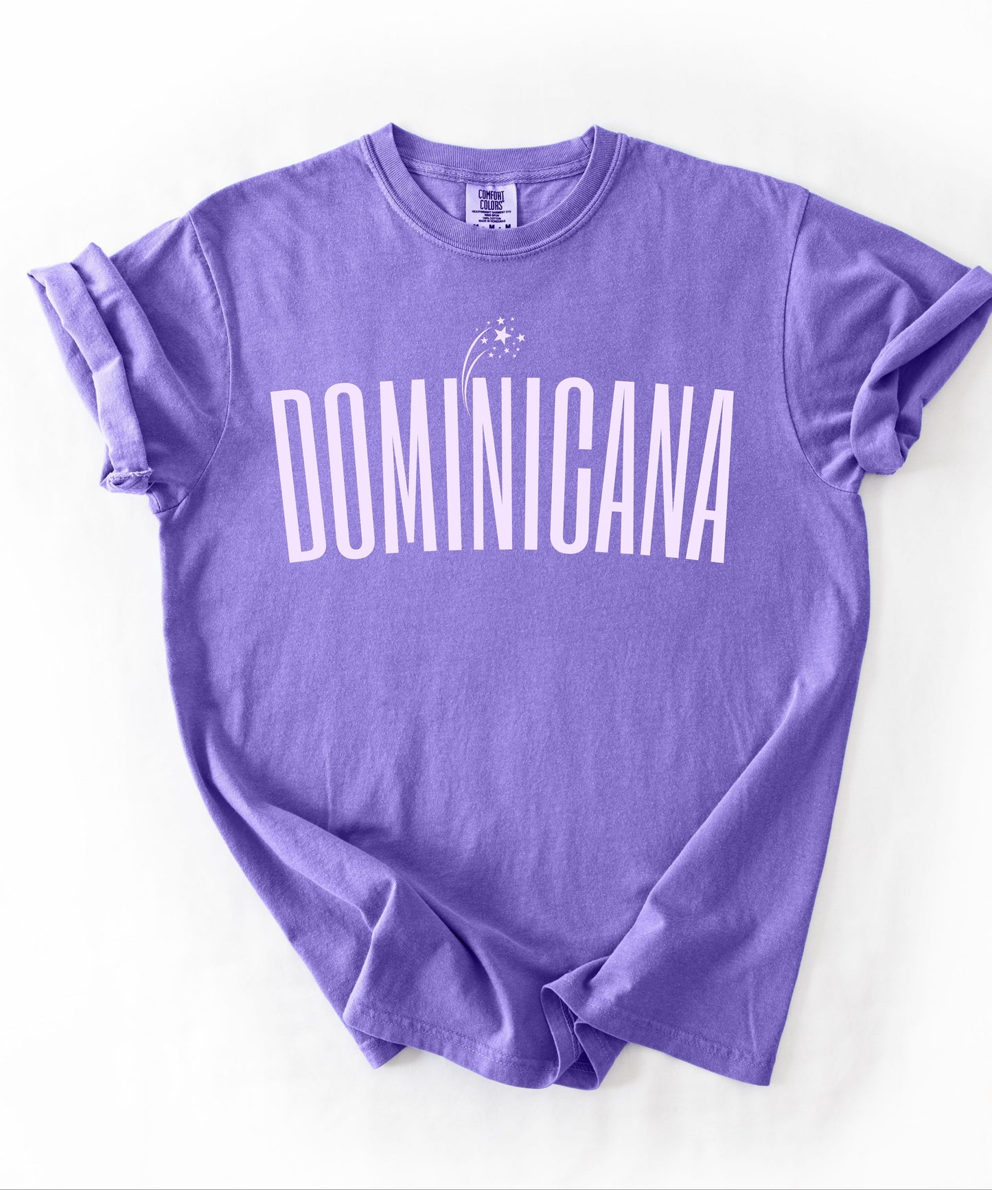 Dominicana graphic t-shirt in Violet — vintage garment-dyed island pride tee with elongated chest print, relaxed fit