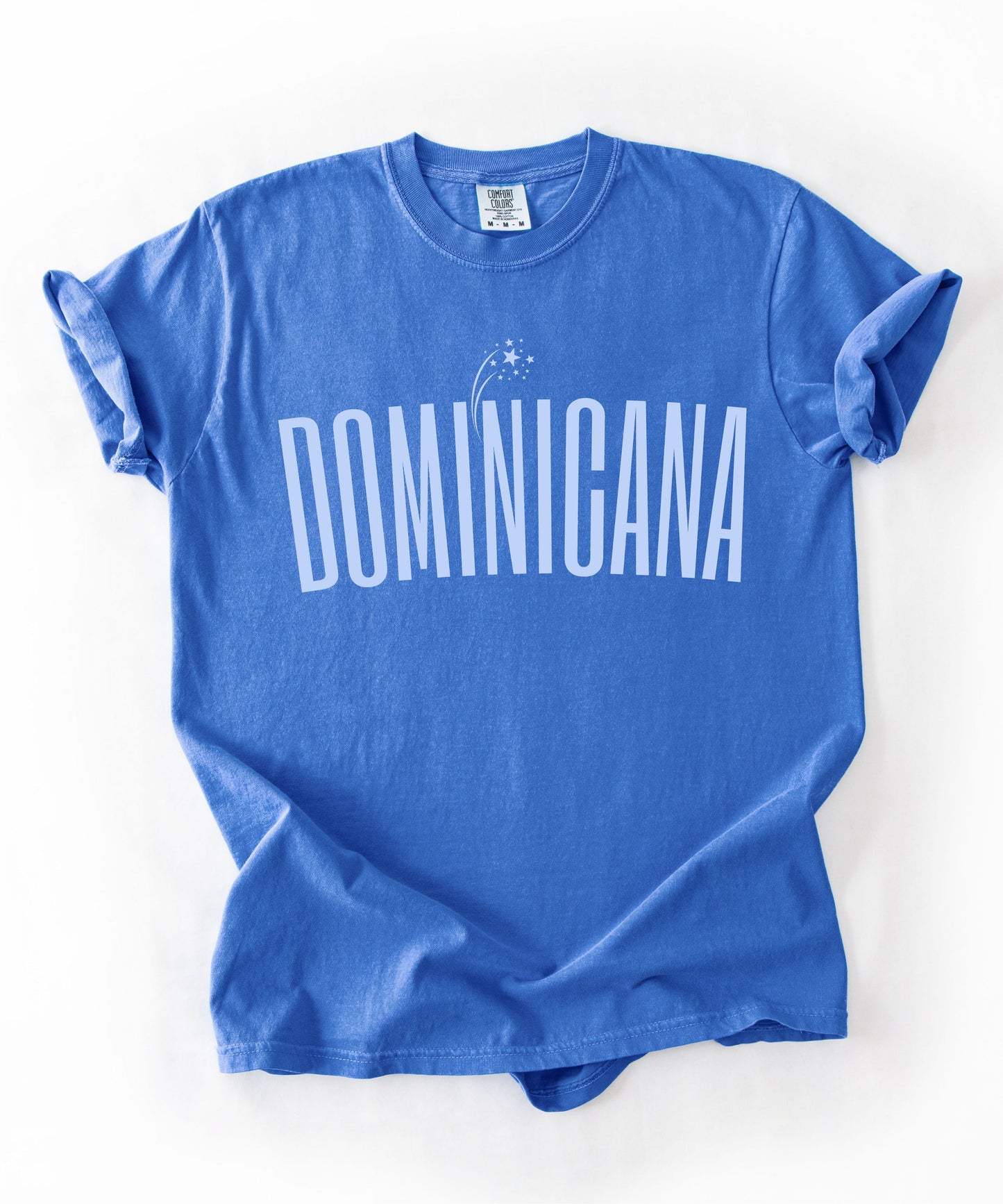 Dominicana graphic t-shirt in Flo Blue— vintage garment-dyed island pride tee with elongated chest print, relaxed fit