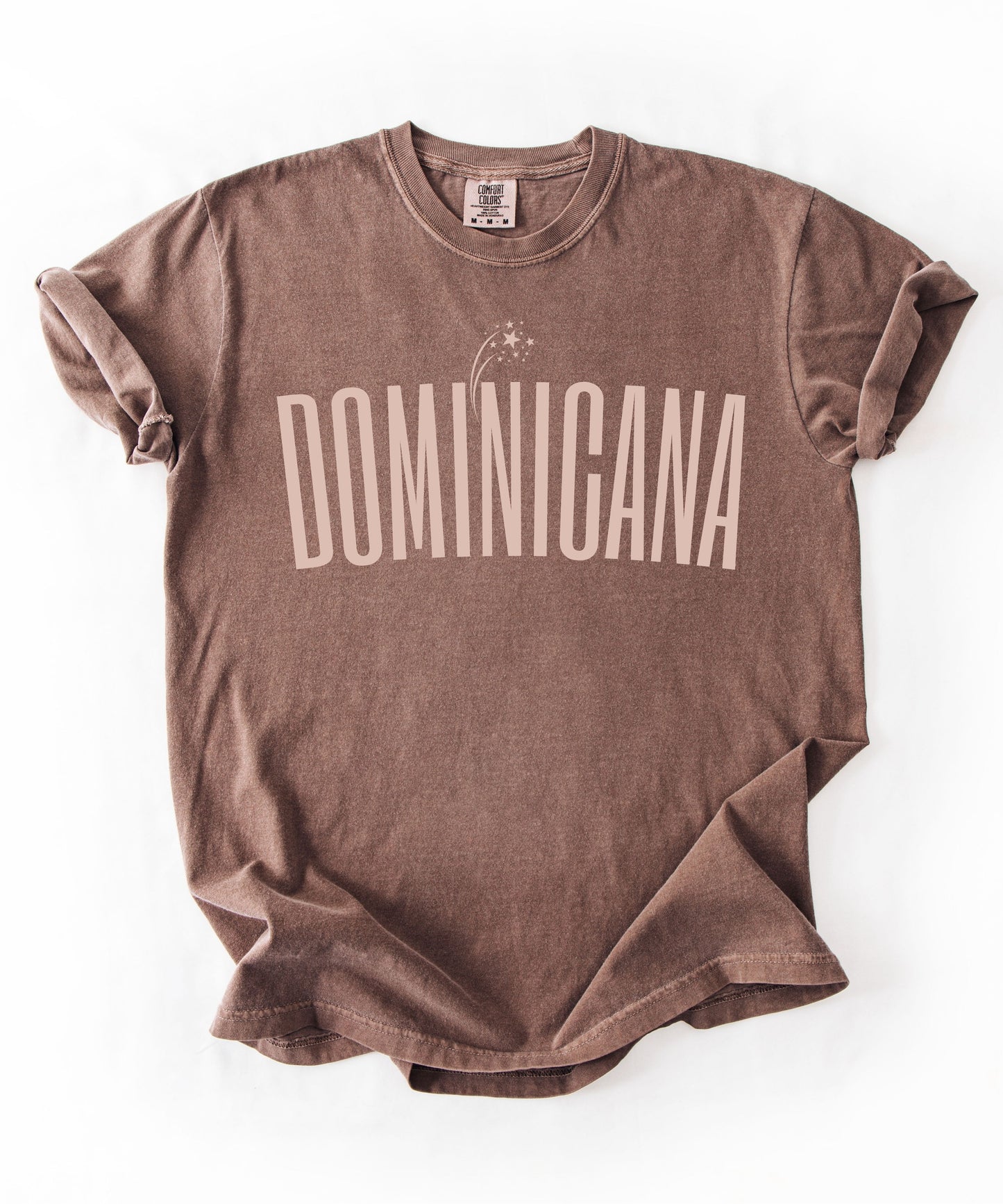 Dominicana graphic t-shirt in Espresso — vintage garment-dyed island pride tee with elongated chest print, relaxed fit