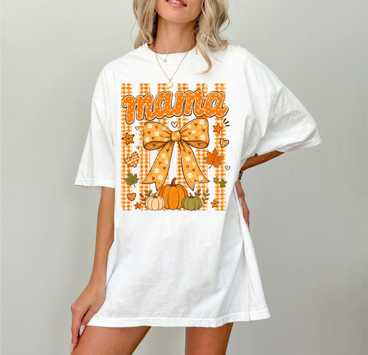 Mama fall pumpkin graphic tee in White — coquette bow and gingham design, relaxed fit