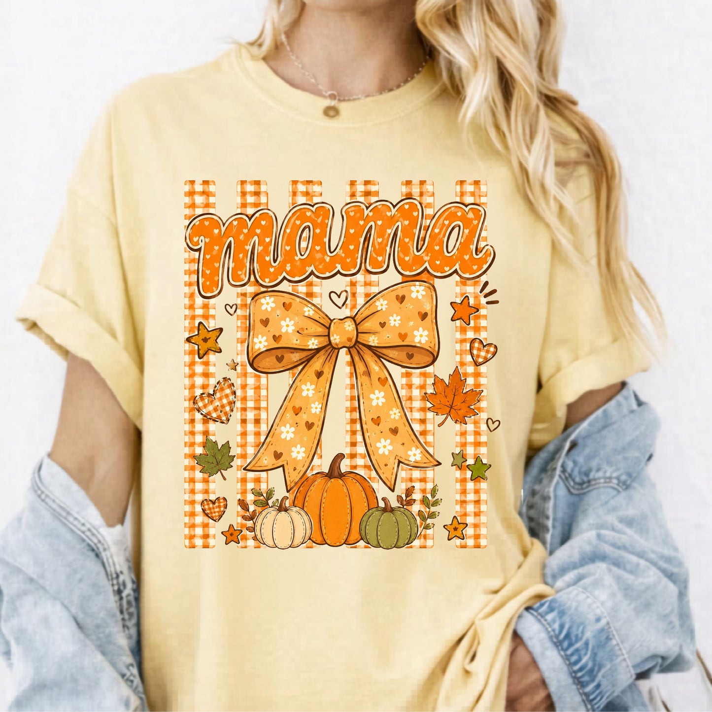 Mama fall pumpkin graphic tee butter — coquette bow and gingham design, relaxed fit