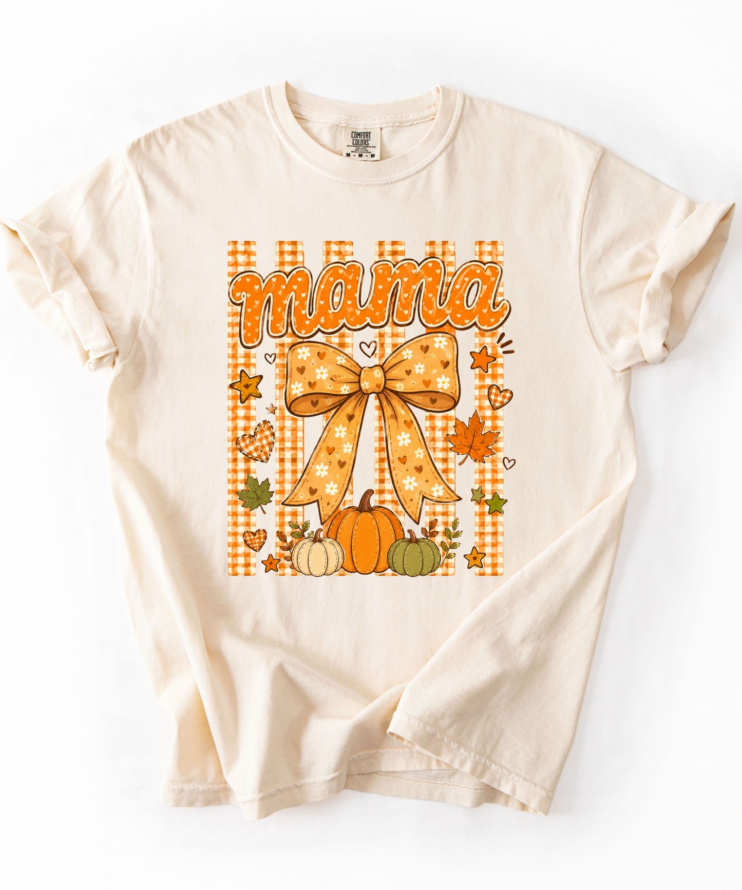 Mama fall pumpkin graphic tee in Ivory — coquette bow and gingham design, relaxed fit