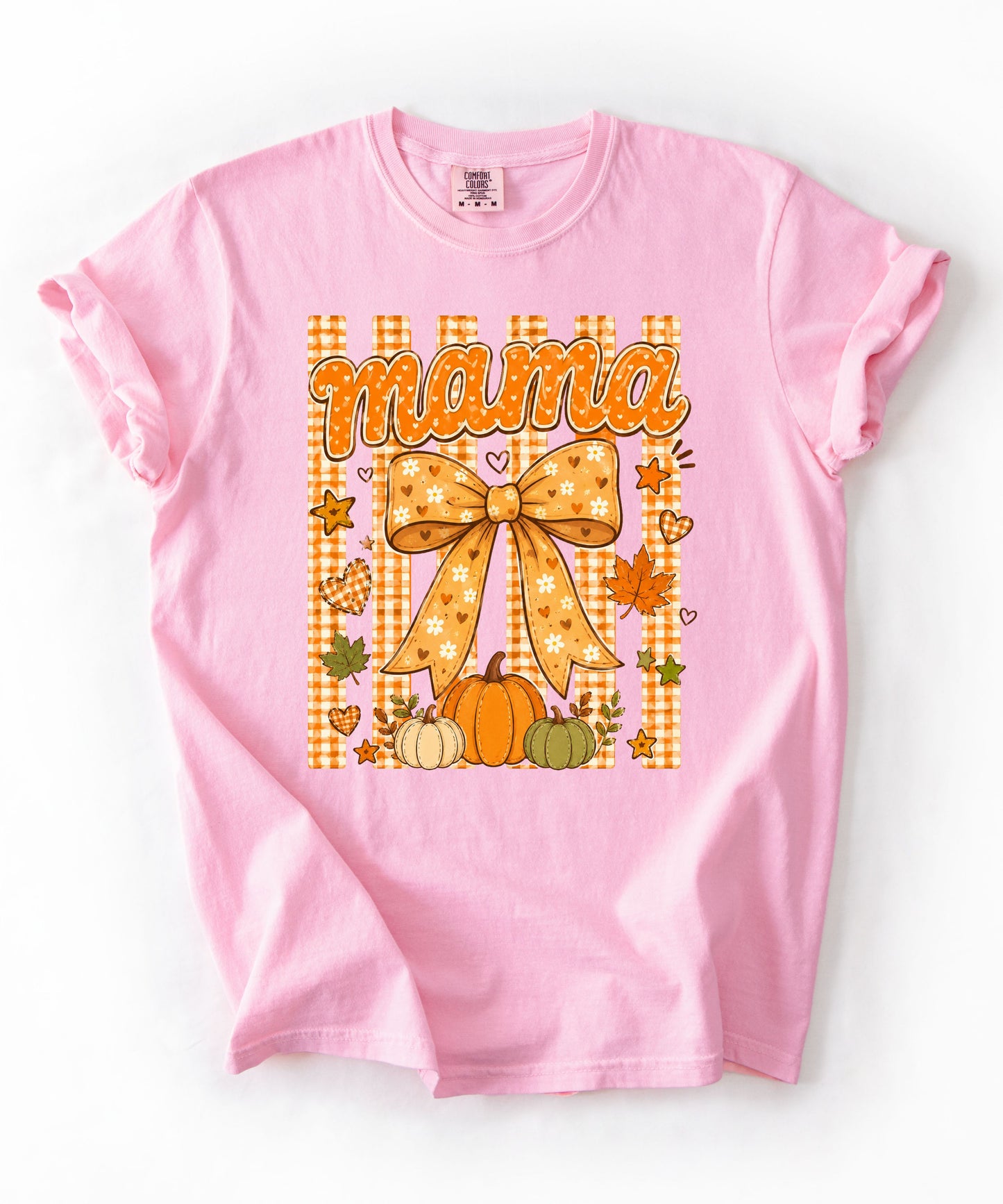 Mama fall pumpkin graphic tee in Blossom — coquette bow and gingham design, relaxed fit